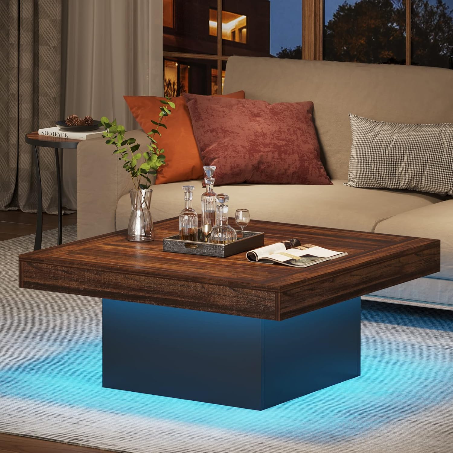 Tribesigns Table basse carrée 90 x 90 x 45 cm avec éclairage LED, Table basse moderne en bois pour salon