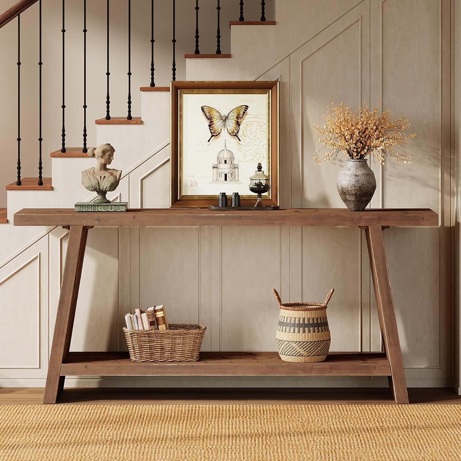 Tribesigns Console longue de 160 cm, table étroite derrière canapé en bois massif avec 2 étagères