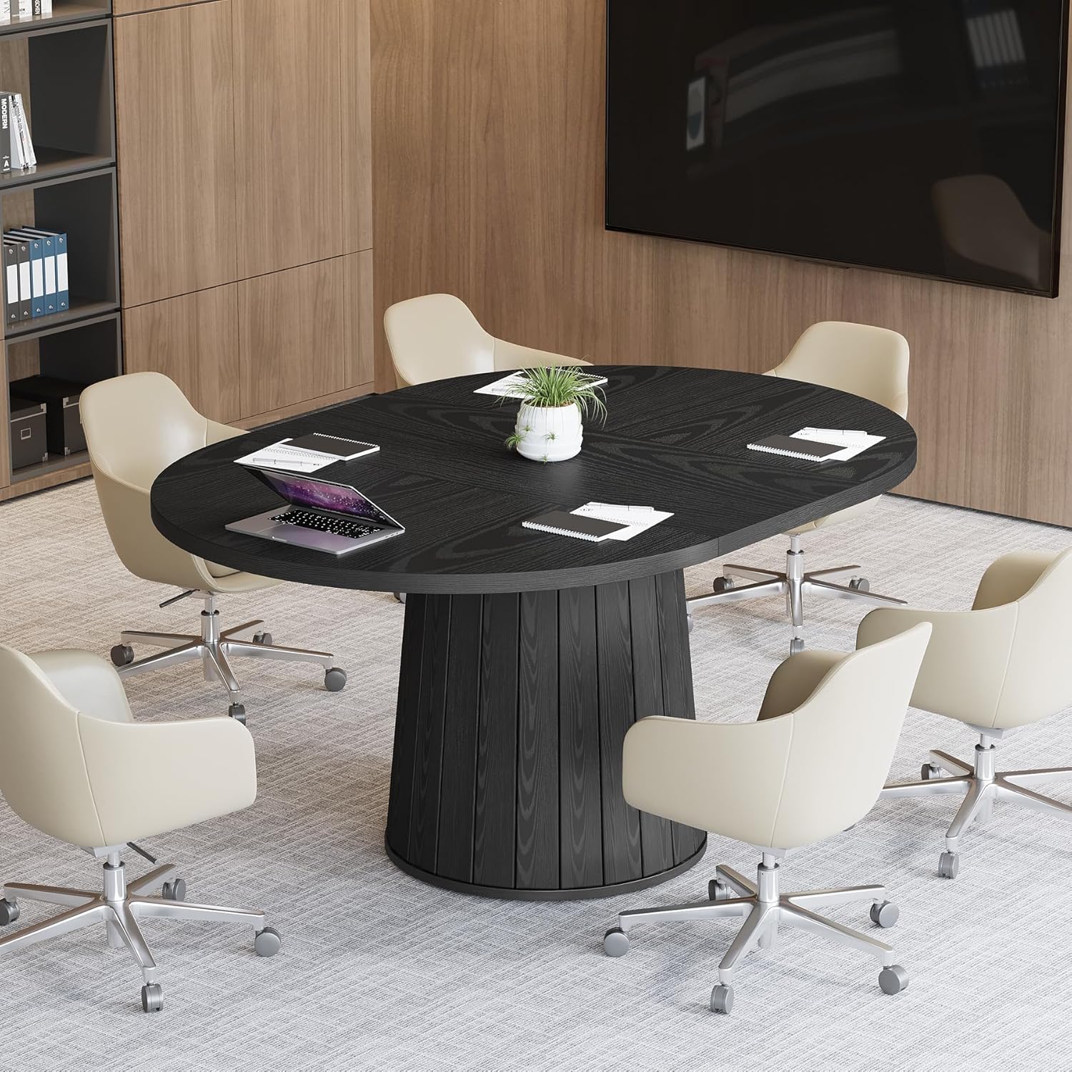 Tribesigns Table de conférence ovale 140 cm pour 6 personnes, Table de réunion en bois avec base stable noire
