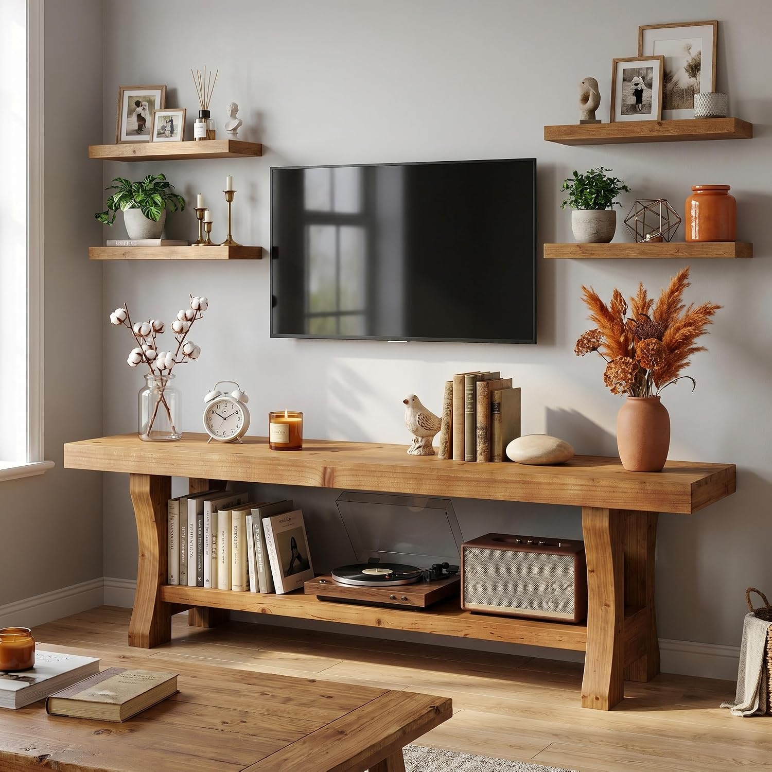 Meuble TV bas en bois massif, 140 cm avec 2 étagères et compartiments ouverts, Meuble multimédia