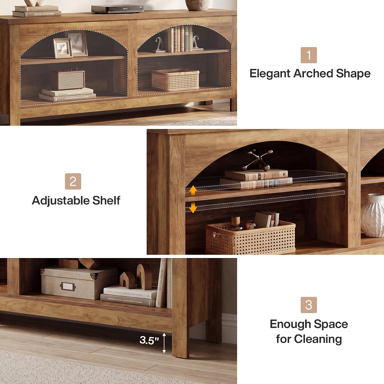 Meuble TV de 160 cm, Système de divertissement de style campagnard avec étagère à 2 niveaux