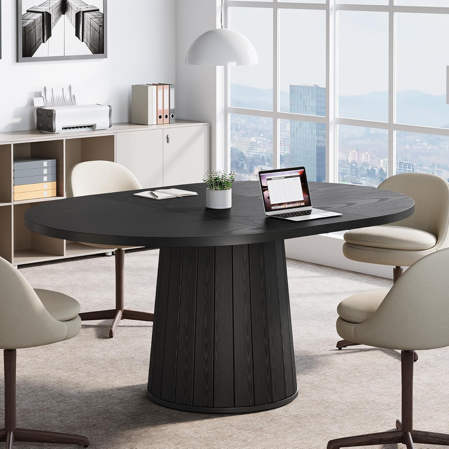 Tribesigns Table de conférence ovale 140 cm pour 6 personnes, Table de réunion en bois avec base stable noire