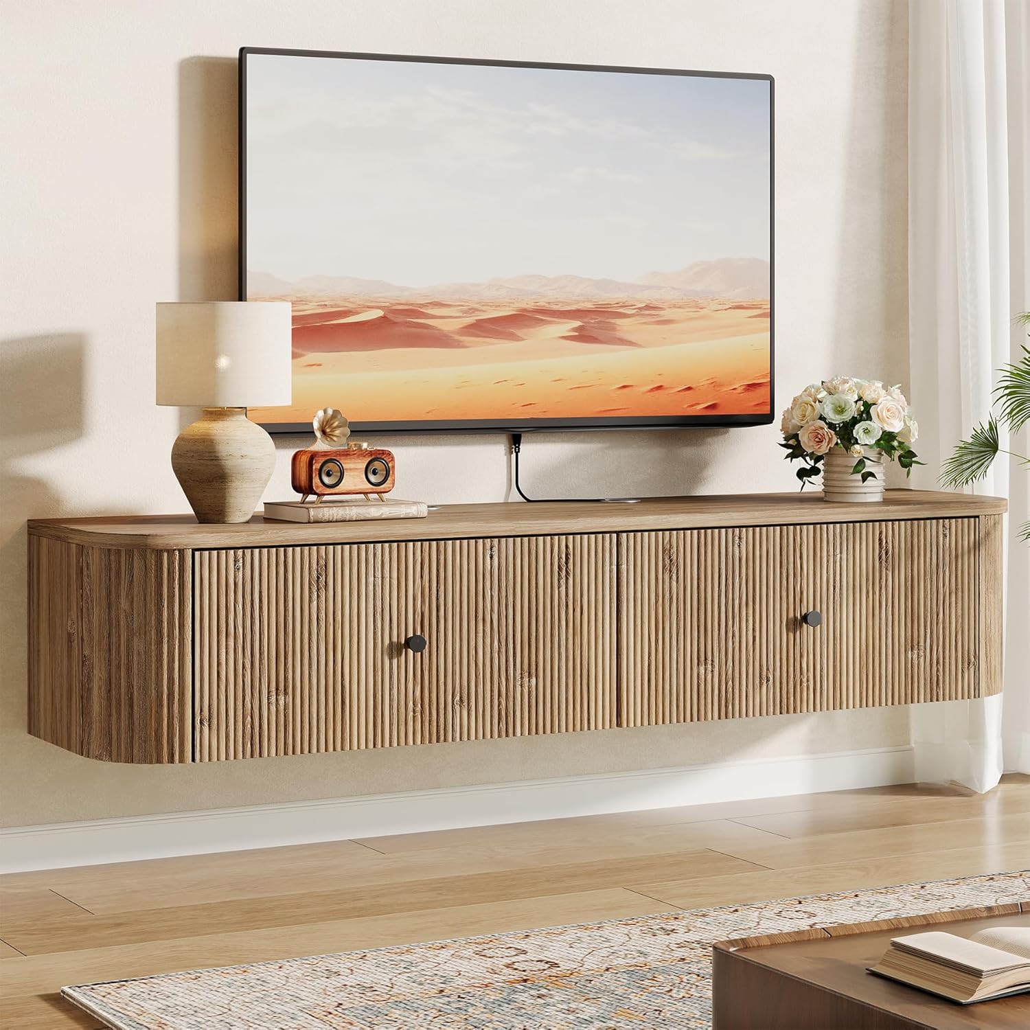 Tribesigns Meuble TV suspendu avec 2 tiroirs rainurés, Meuble multimédia mural pour salon et chambre