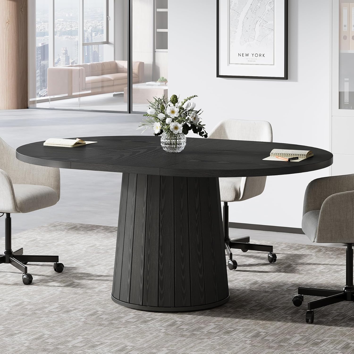 Tribesigns Table de conférence ovale 140 cm pour 6 personnes, Table de réunion en bois avec base stable noire