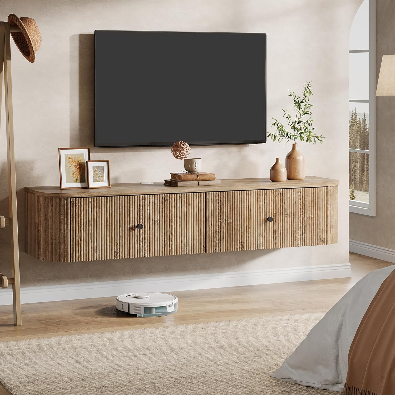 Tribesigns Meuble TV suspendu avec 2 tiroirs rainurés, Meuble multimédia mural pour salon et chambre