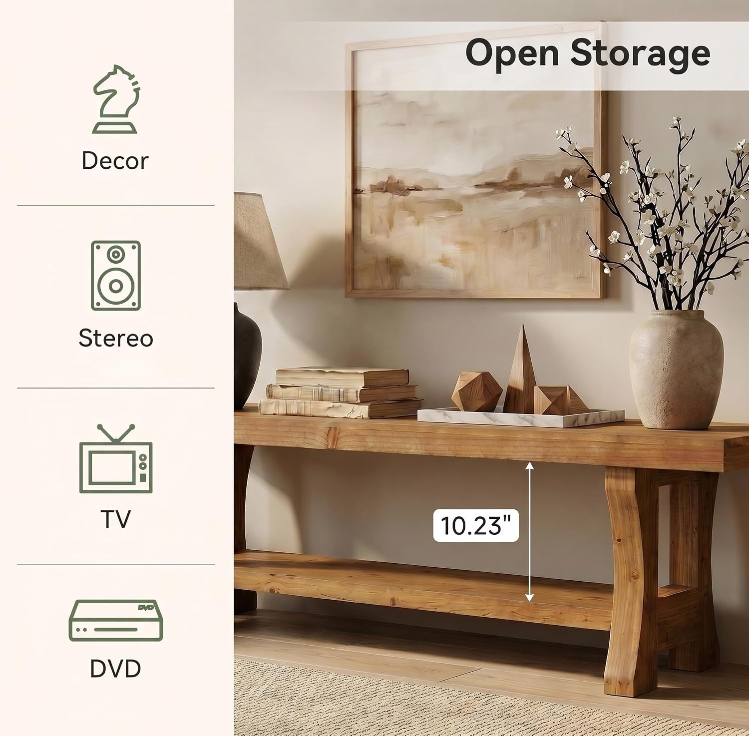 Meuble TV bas en bois massif, 140 cm avec 2 étagères et compartiments ouverts, Meuble multimédia