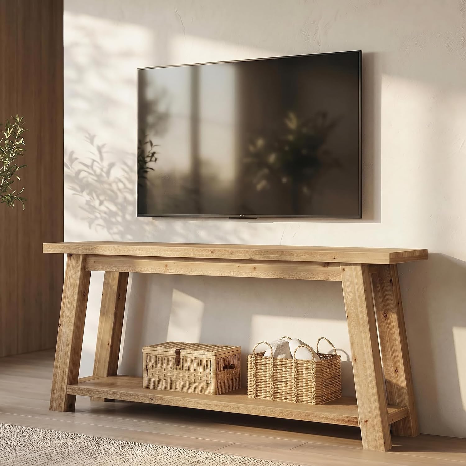 Meuble TV bas en bois massif de 180 cm pour téléviseurs de 65 à 80 pouces, Meuble multimédia de style champêtre