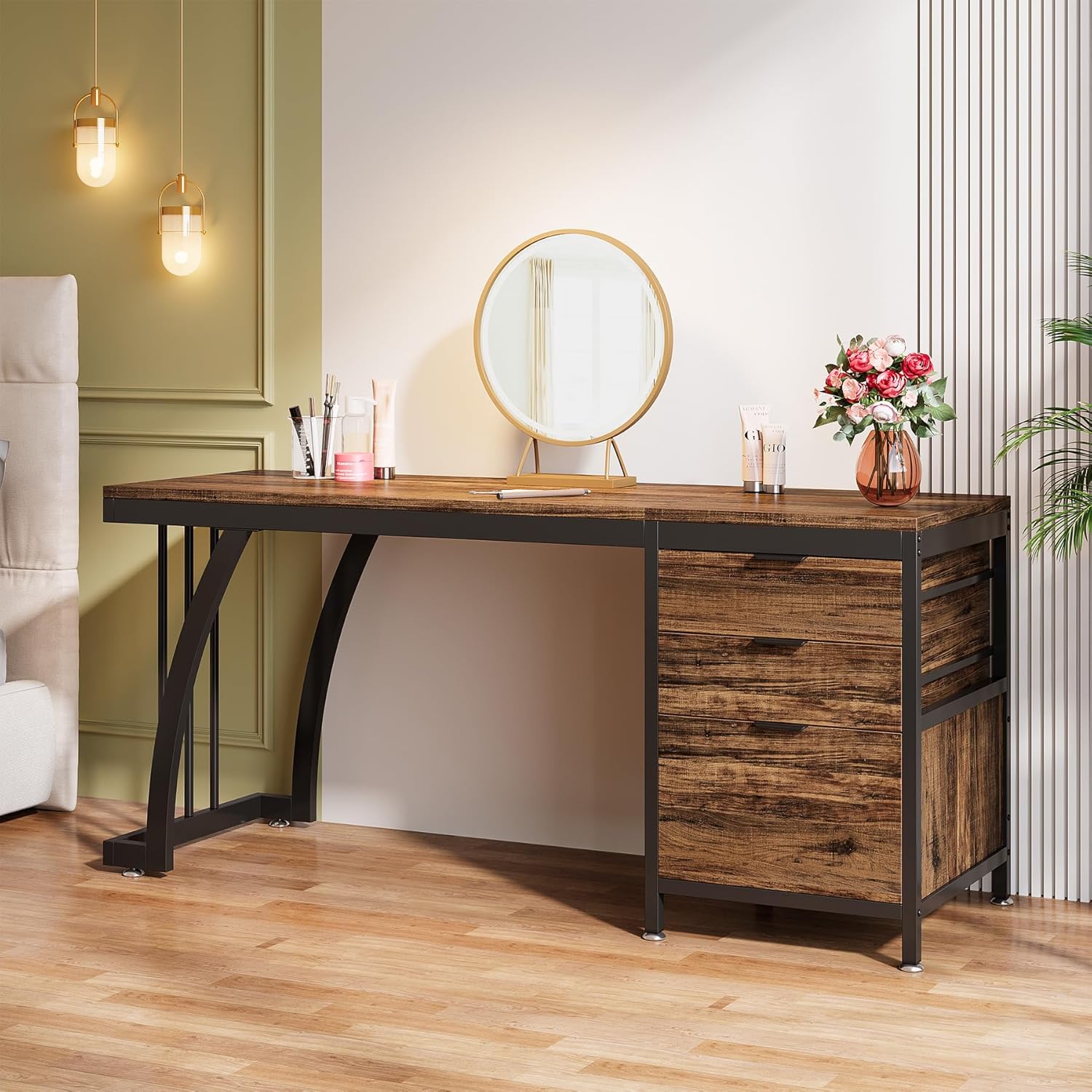 Tribesigns Coiffeuse meuble à 3 tiroirs réversibles, Bureau de maquillage chic