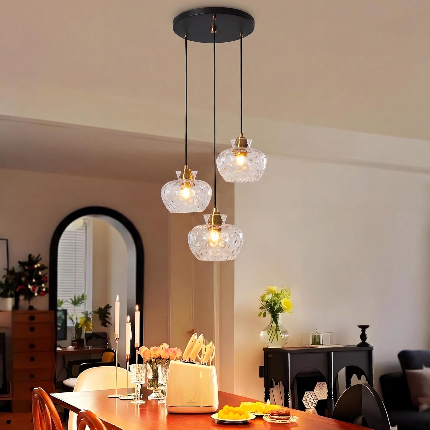 Tribesigns Suspension 3 Lumières, Lustre de Salle à Manger avec Abat-Jour en Verre Ondulé, Hauteur Réglable (Ampoules Non Incluses)