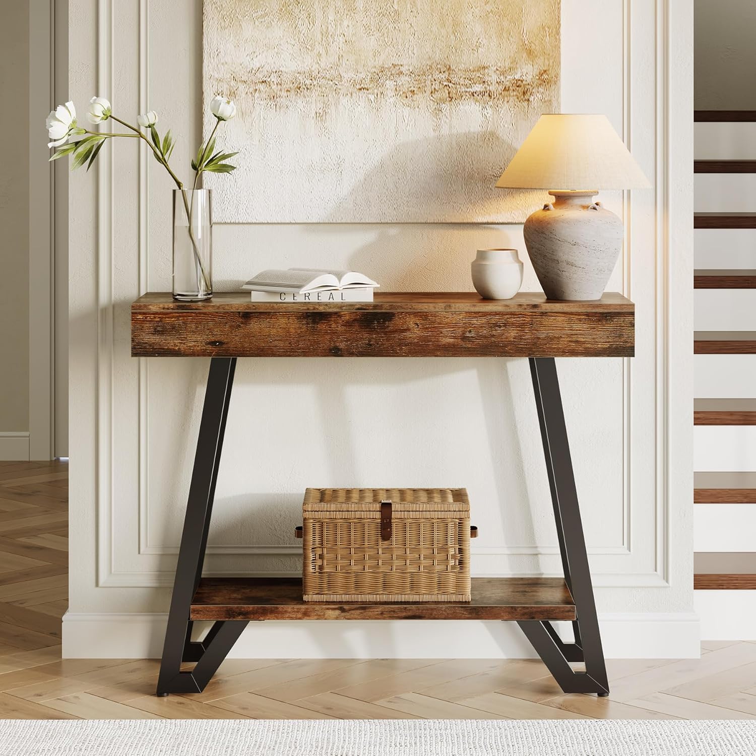 Tribesigns Console de style industriel rustique, Étagère à deux niveaux avec structure métallique pour entrée et salon