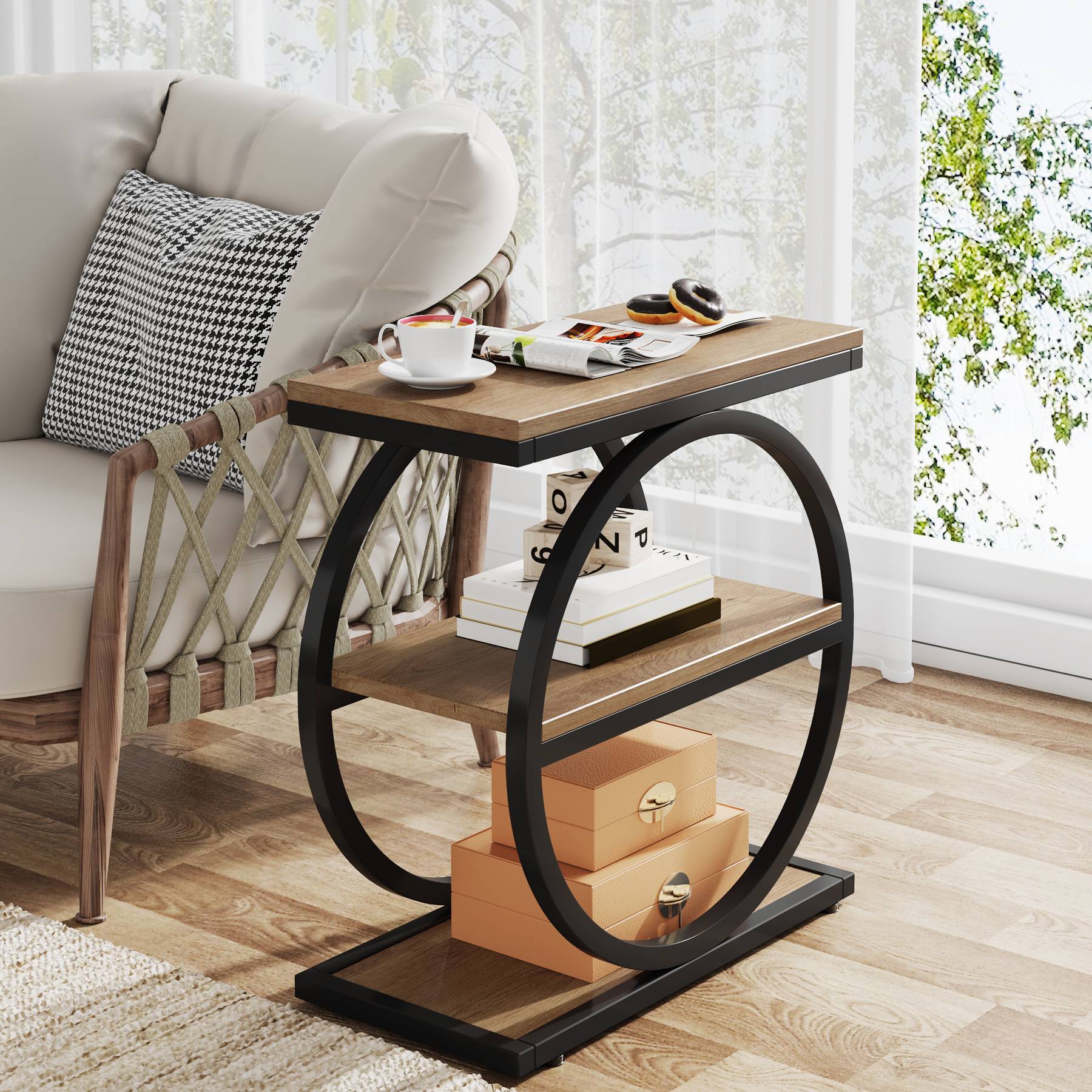 Tribesigns 3-laags Bijzettafel, Salontafel met Zwart Metalen Frame