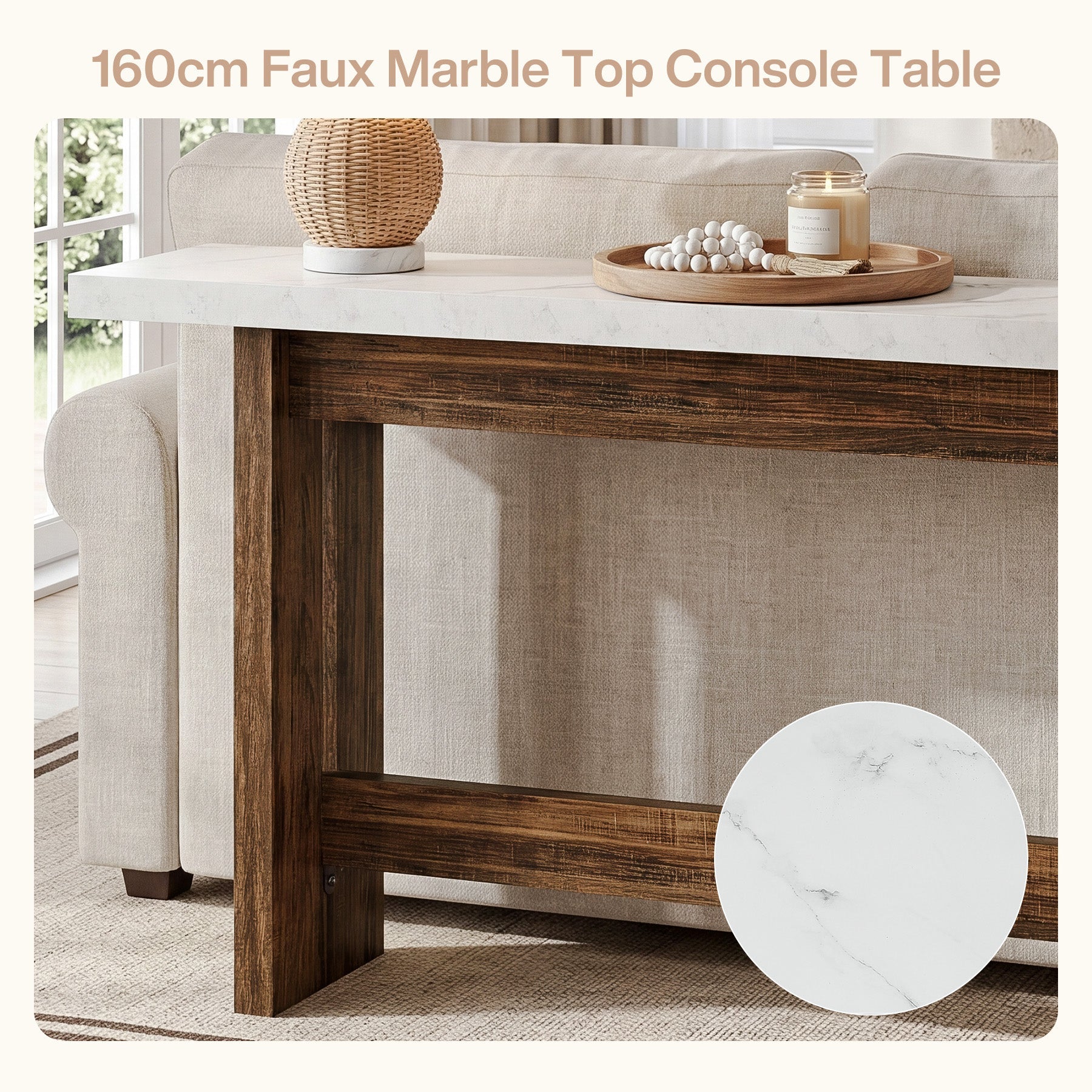 Tribesigns Console de 160 cm style ferme avec plateau effet marbre