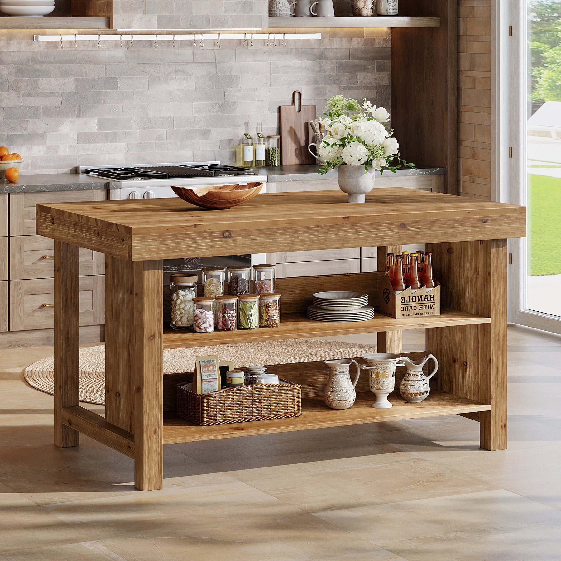 Tribesigns Îlot de Cuisine 140 cm, Table de Cuisine en Bois Massif