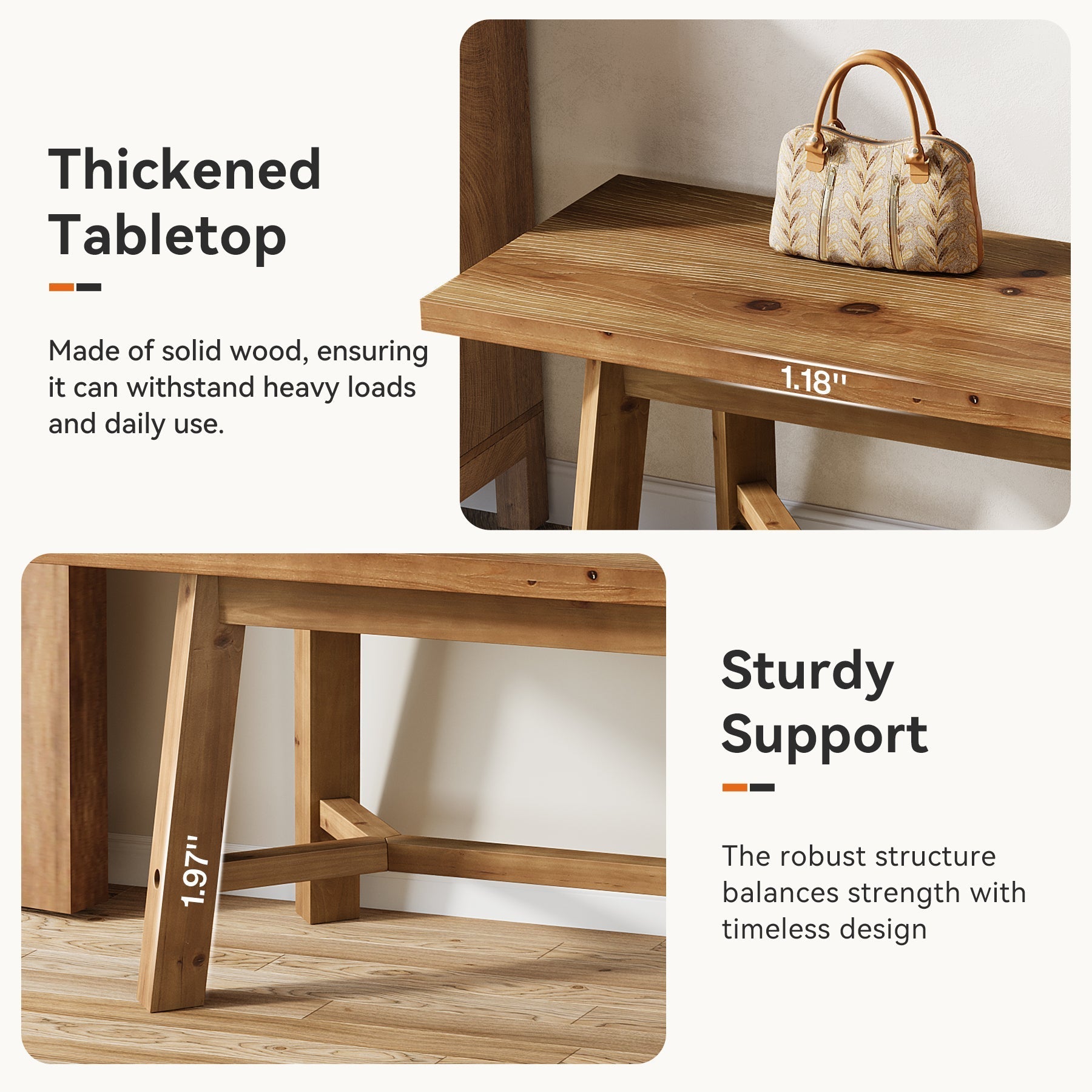 Banc en bois massif 140 cm, style champêtre, idéal pour une entrée, un rangement à chaussures ou une salle à manger