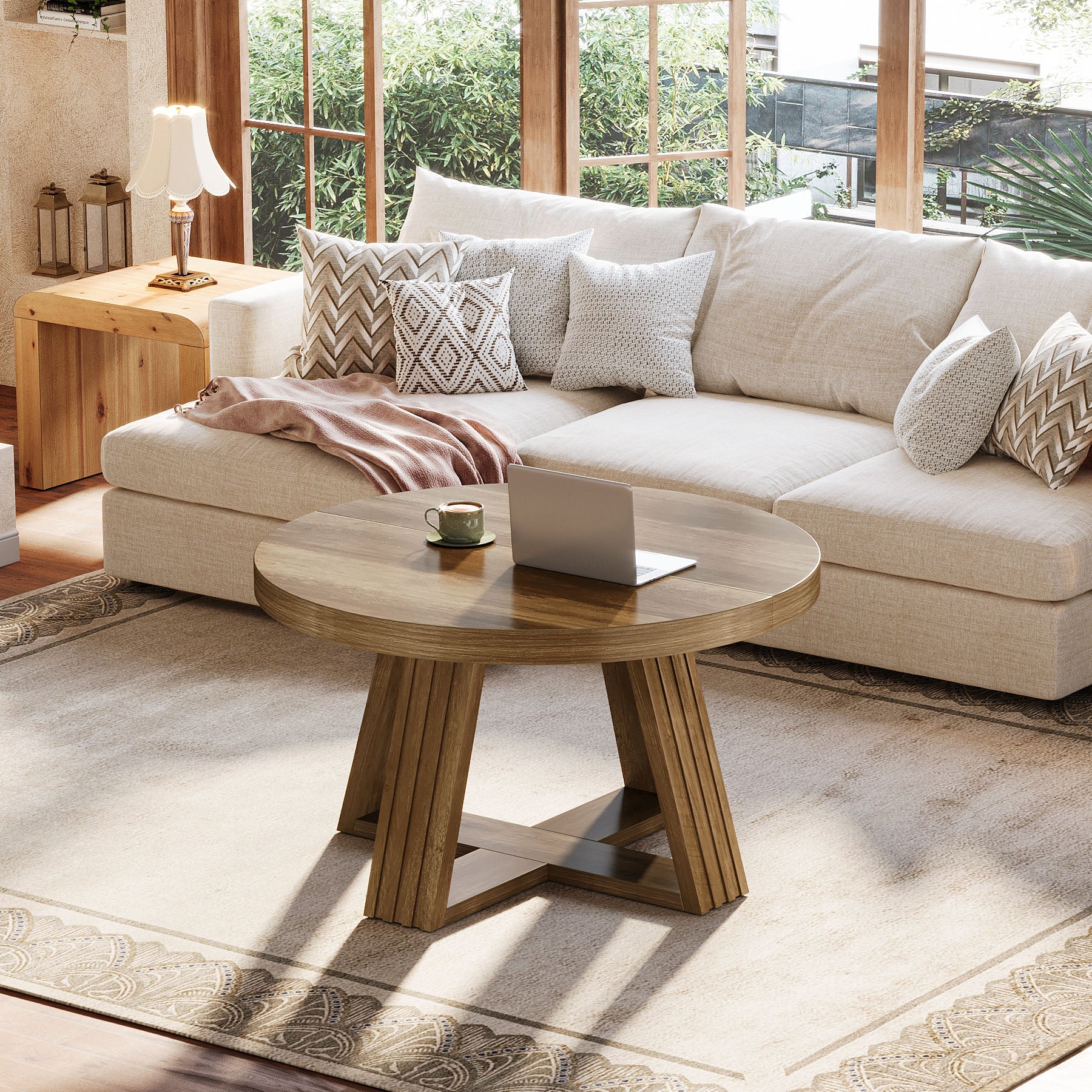 Tribesigns Table Basse Ronde 80 cm, Table de Salon Style Campagne avec Base Croisée