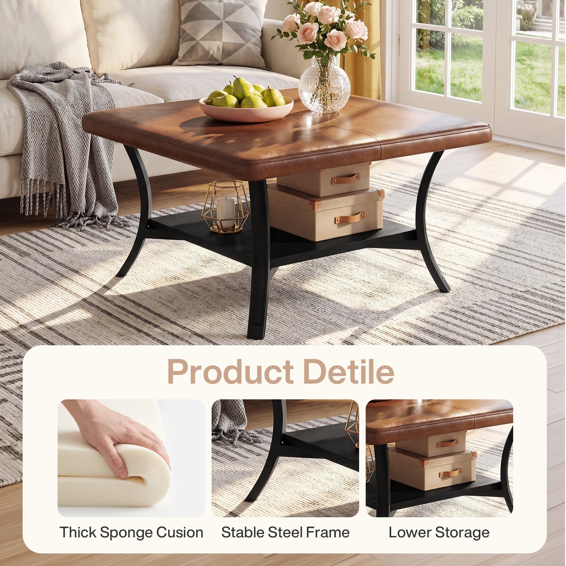 Tribesigns Table Basse Carrée 80 cm avec Revêtement en Similicuir pour Salon