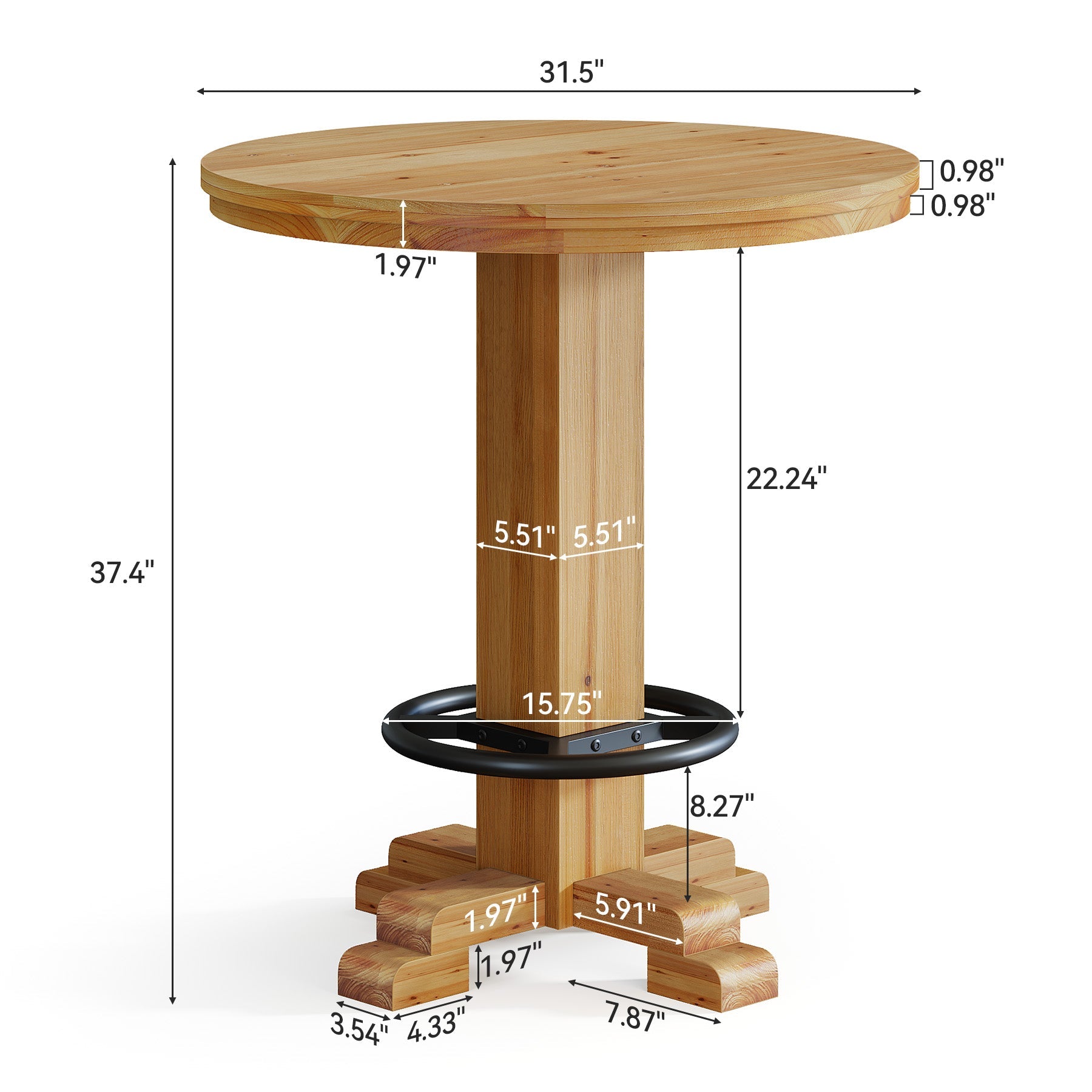 Tribesigns Table de Bar Ronde en Bois Massif, Table de Bistro Haute 95 cm