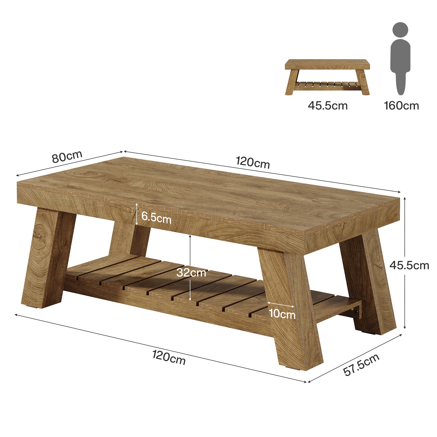 Tribesigns Salontafel in landelijke stijl van 120 cm, rustieke rechthoekige tafel met V-poten voor de woonkamer