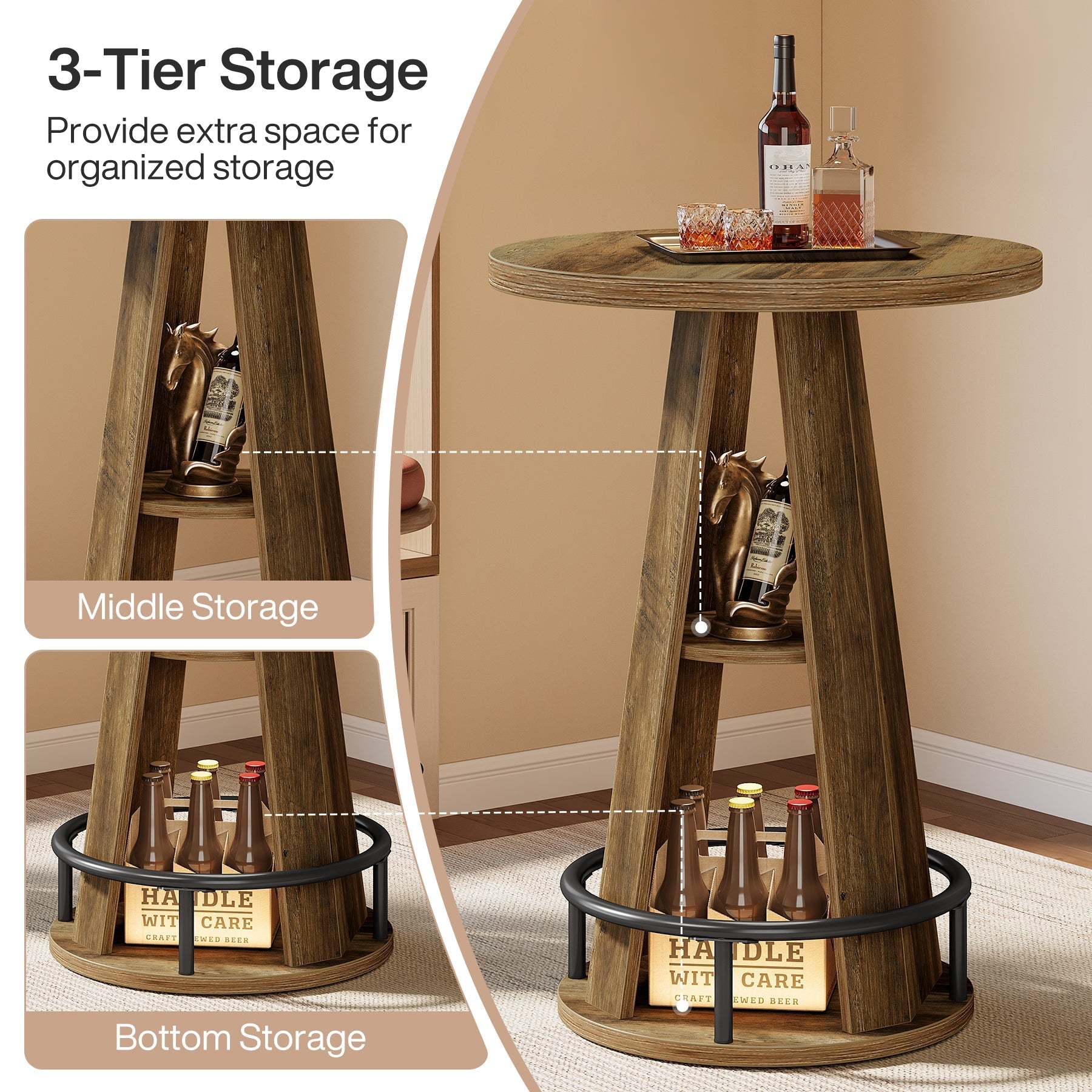 Tribesigns Ronde bartafel van 100 cm met opbergruimte, industriële bistrotafel voor woonkamer, bar, kleine ruimtes