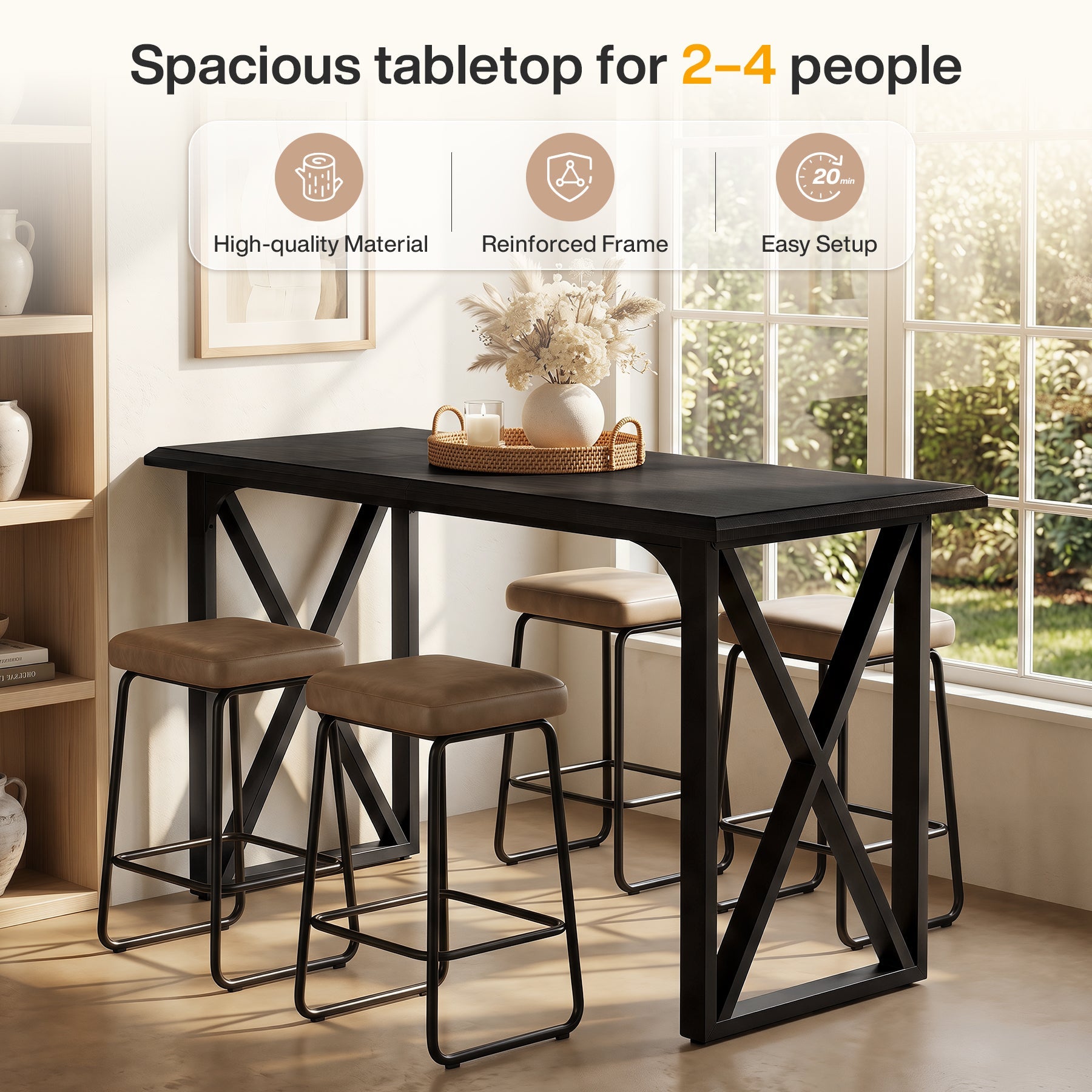 Tribesigns Table de Bar Haute 140 cm avec Base Métallique en X, pour 2 à 4 Personnes