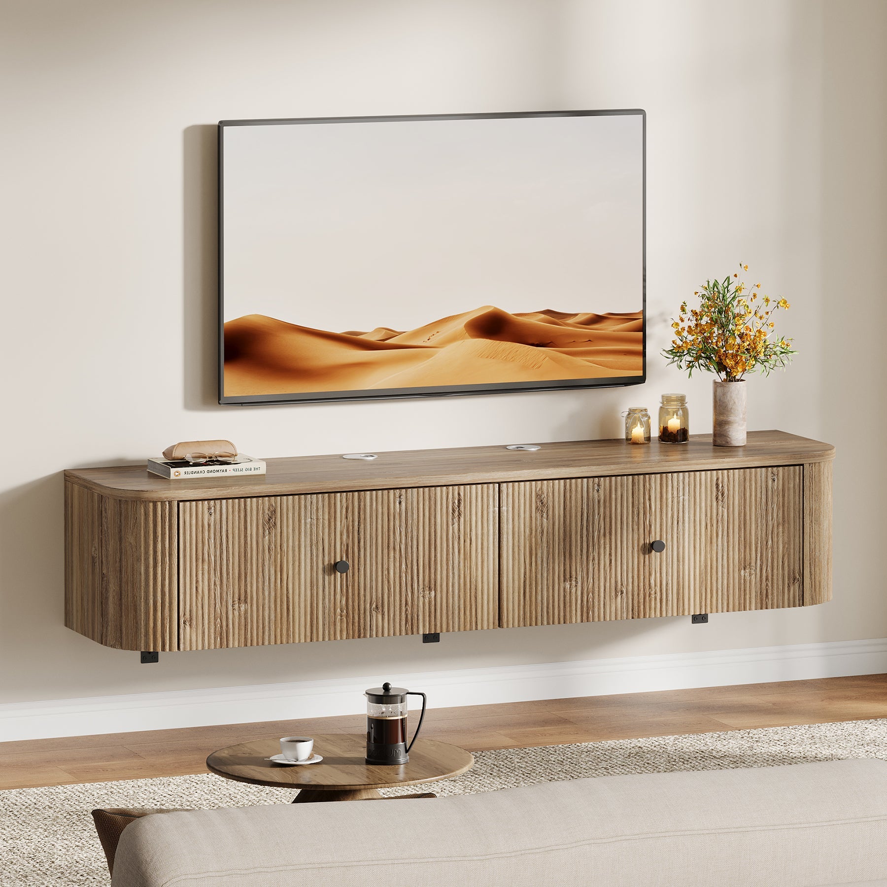 Tribesigns Meuble TV Mural avec 2 Tiroirs Rainurés, Meuble Multimédia Suspendu pour Salon et Chambre