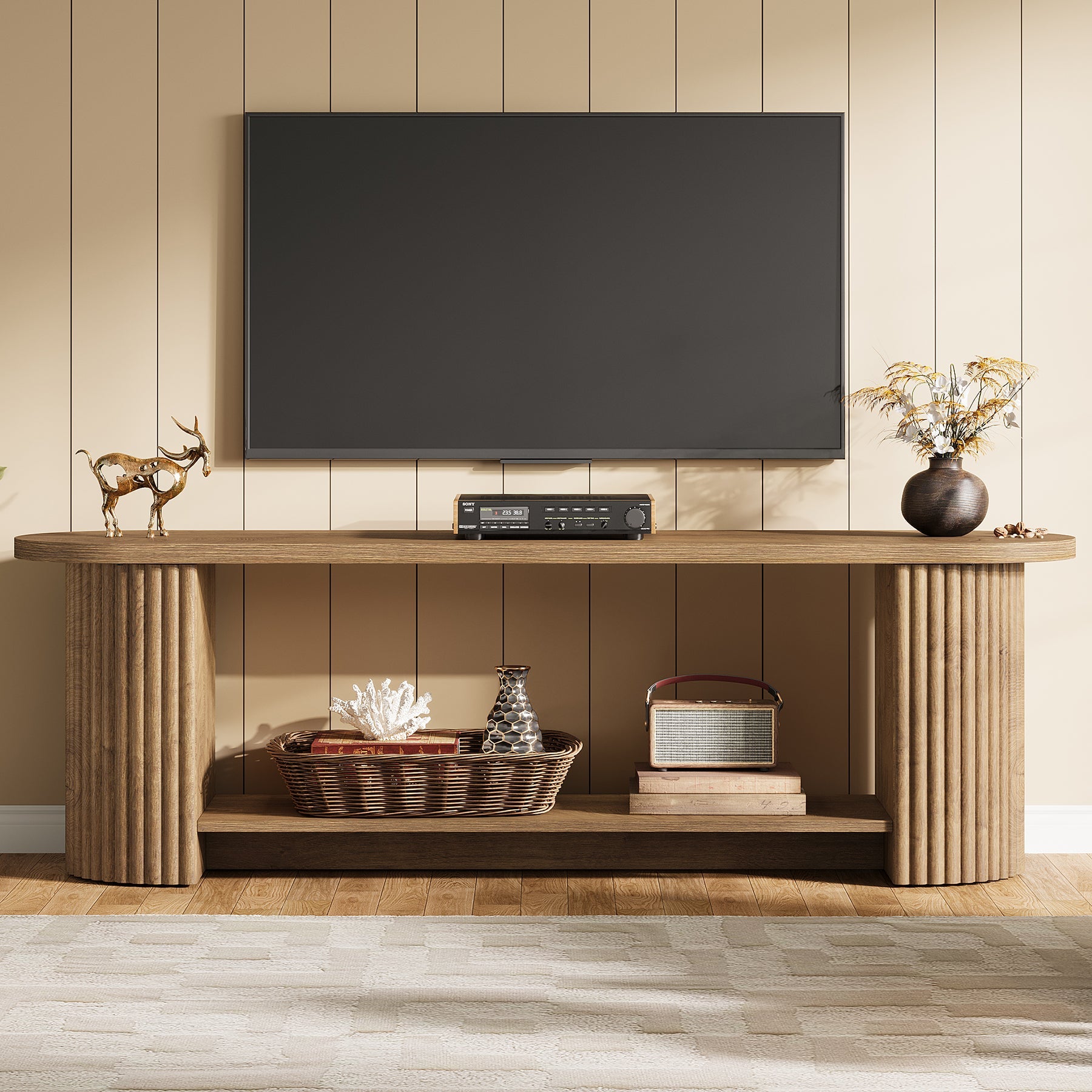 Tribesigns Meuble TV de 160 cm au Design Rainuré, Meuble Multimédia Rustique pour Salon