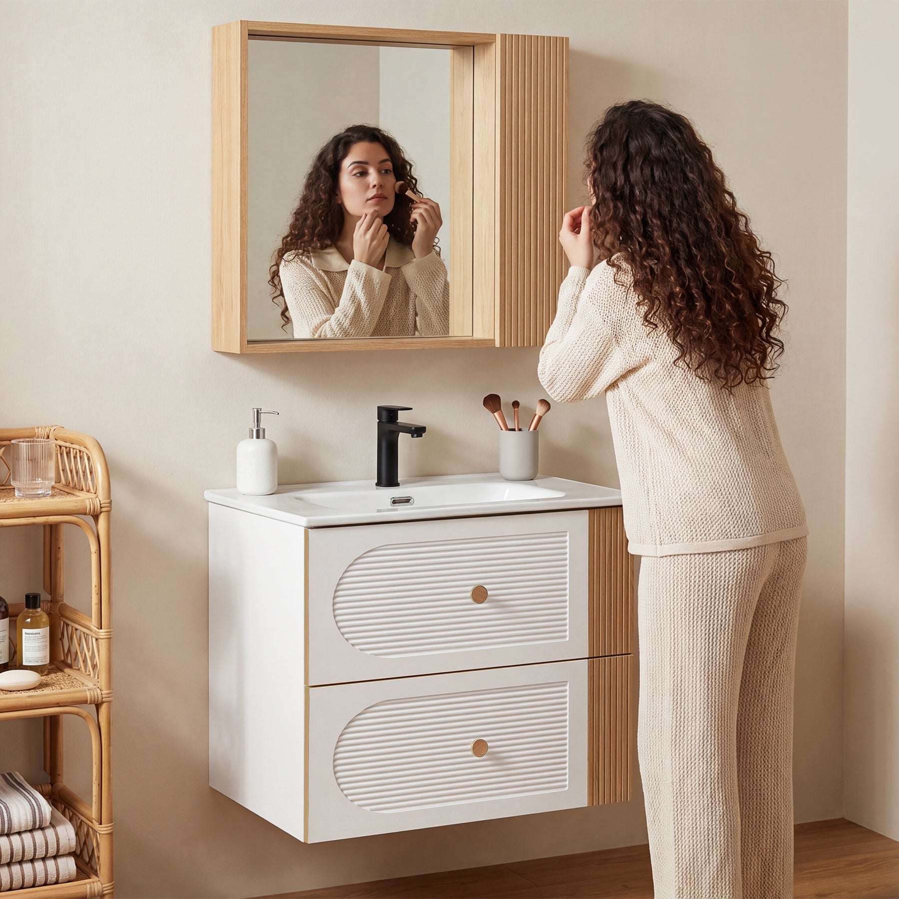 Tribesigns Meuble de Salle de Bain Suspendu 60 cm avec Vasque en Céramique, Blanc, 2 Tiroirs