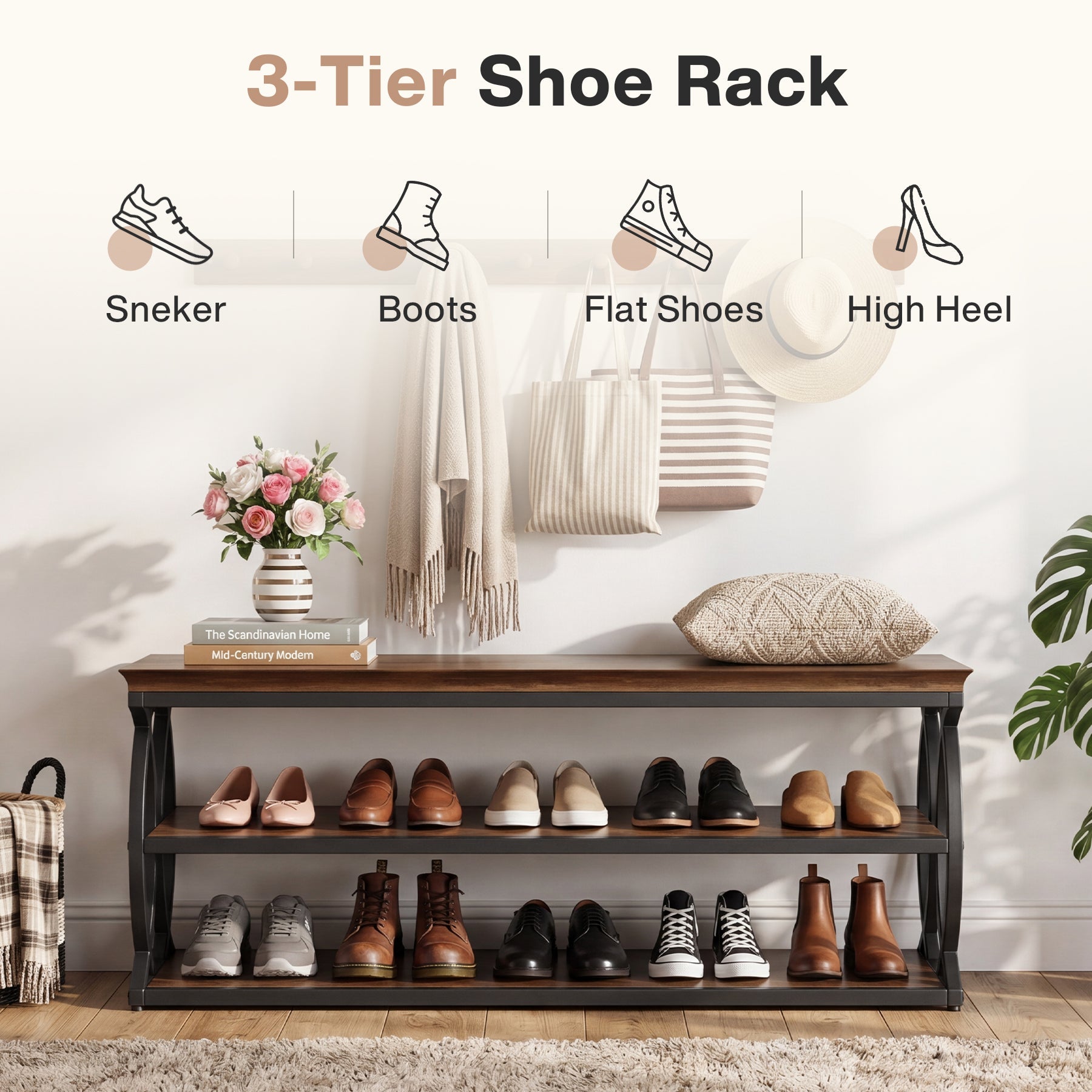 Tribesigns Banc à Chaussures de 120 cm avec Rangement, Meuble à Chaussures à 3 Niveaux avec Assise, Style Industriel Rustique