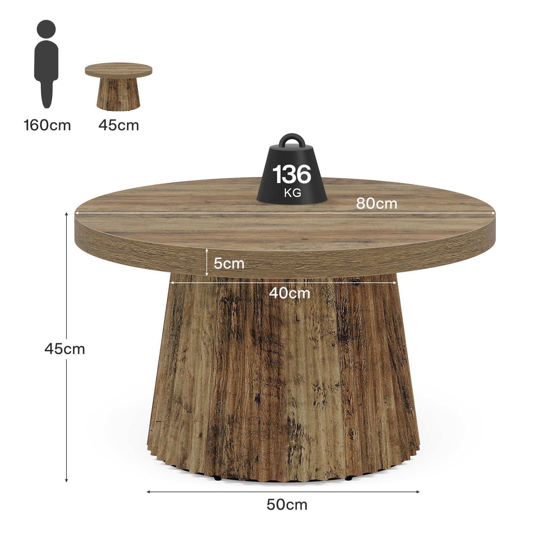 Tribesigns Table basse ronde 80 cm, Table centrale circulaire moderne avec base en tambour cannelé et finition grain de bois