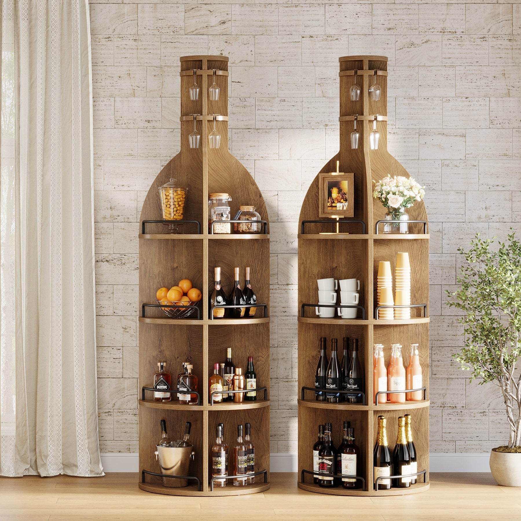 Casier à vin de 190 cm de haut avec étagères de rangement, Meuble à vin rond de style industriel avec porte-verres