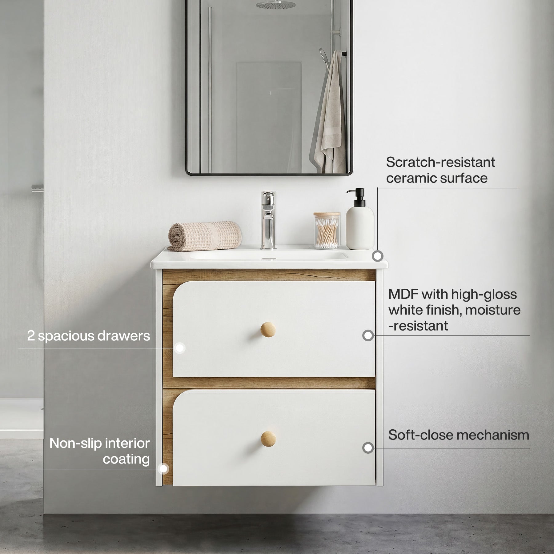 Tribesigns Meuble vasque mural avec vasque en céramique, Meuble de salle de bain mural moderne avec porte à fermeture douce