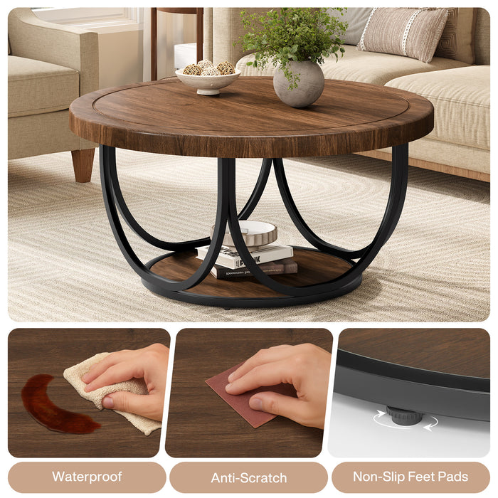 Tribesigns Table basse ronde de 80 cm avec étagère, Table de salon à deux niveaux de style industriel avec structure en métal