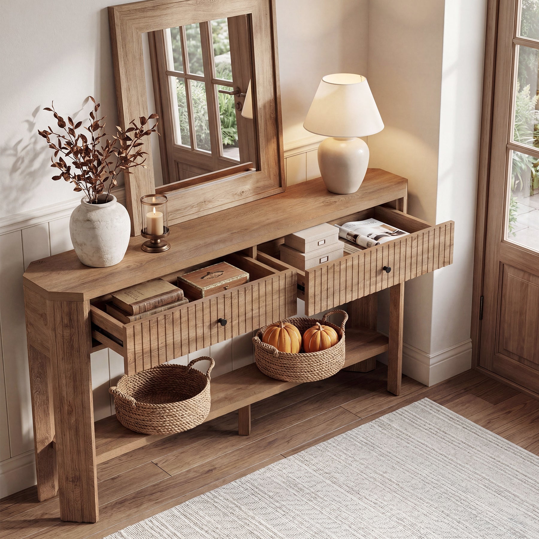 Tribesigns Console de 150 cm avec 2 Tiroirs, Table d’Entrée Étroite et Moderne avec Étagère