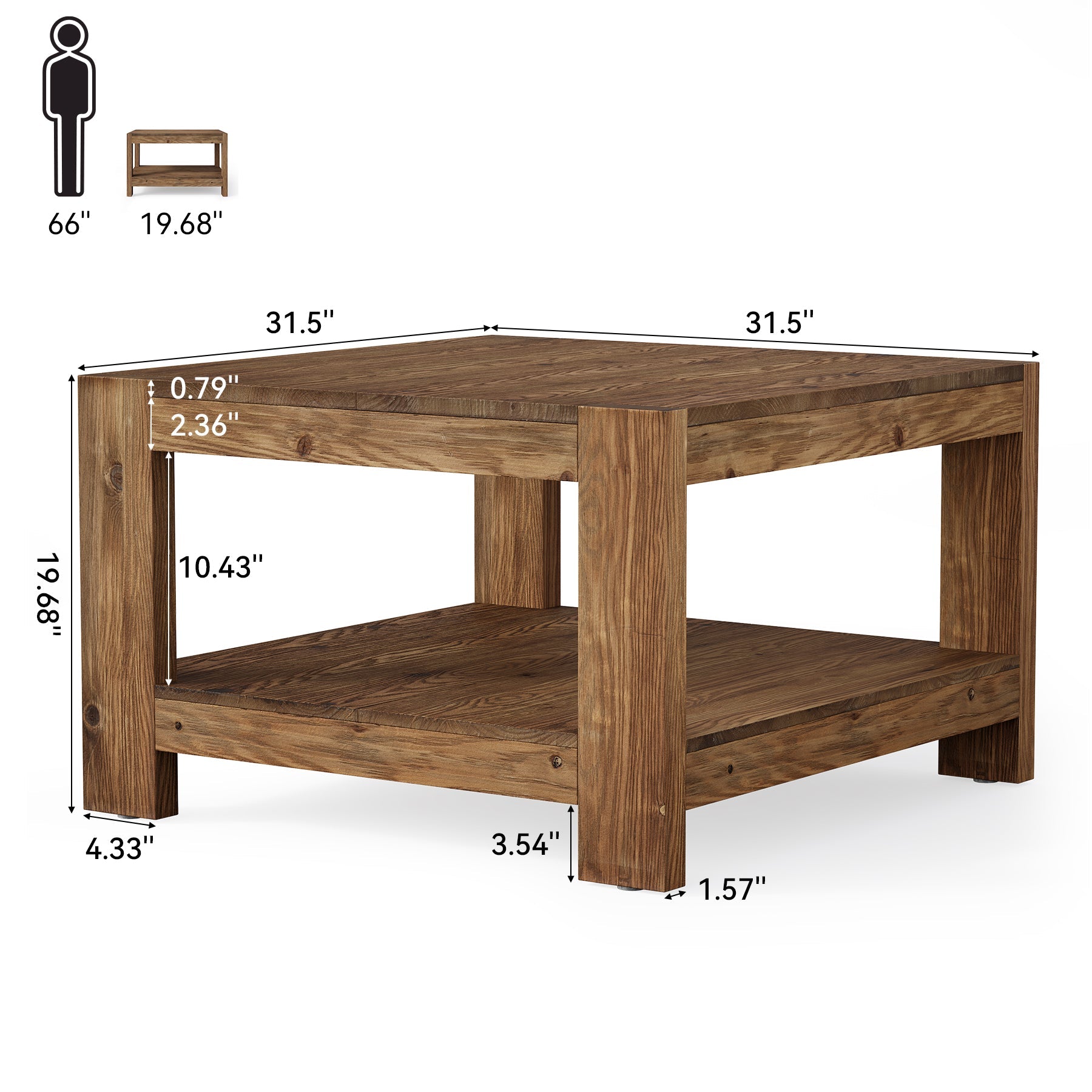 Tribesigns Table Basse 80 cm, Table Basse Carrée avec Étagère pour Salon