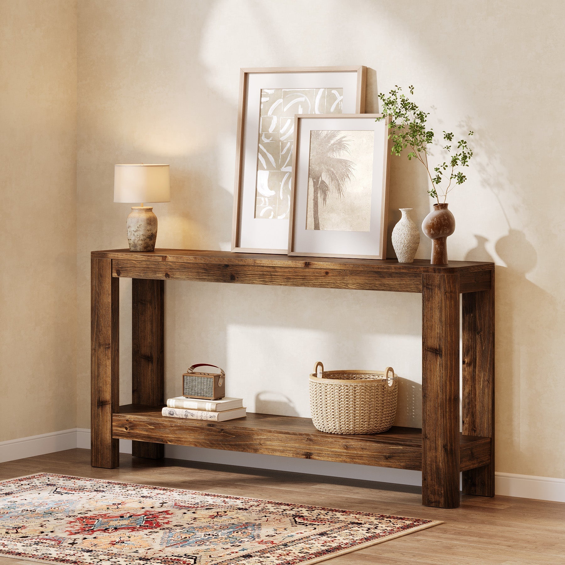 Tribesigns Console en bois massif de 160 cm, Table d'appoint étroite style ferme avec étagère