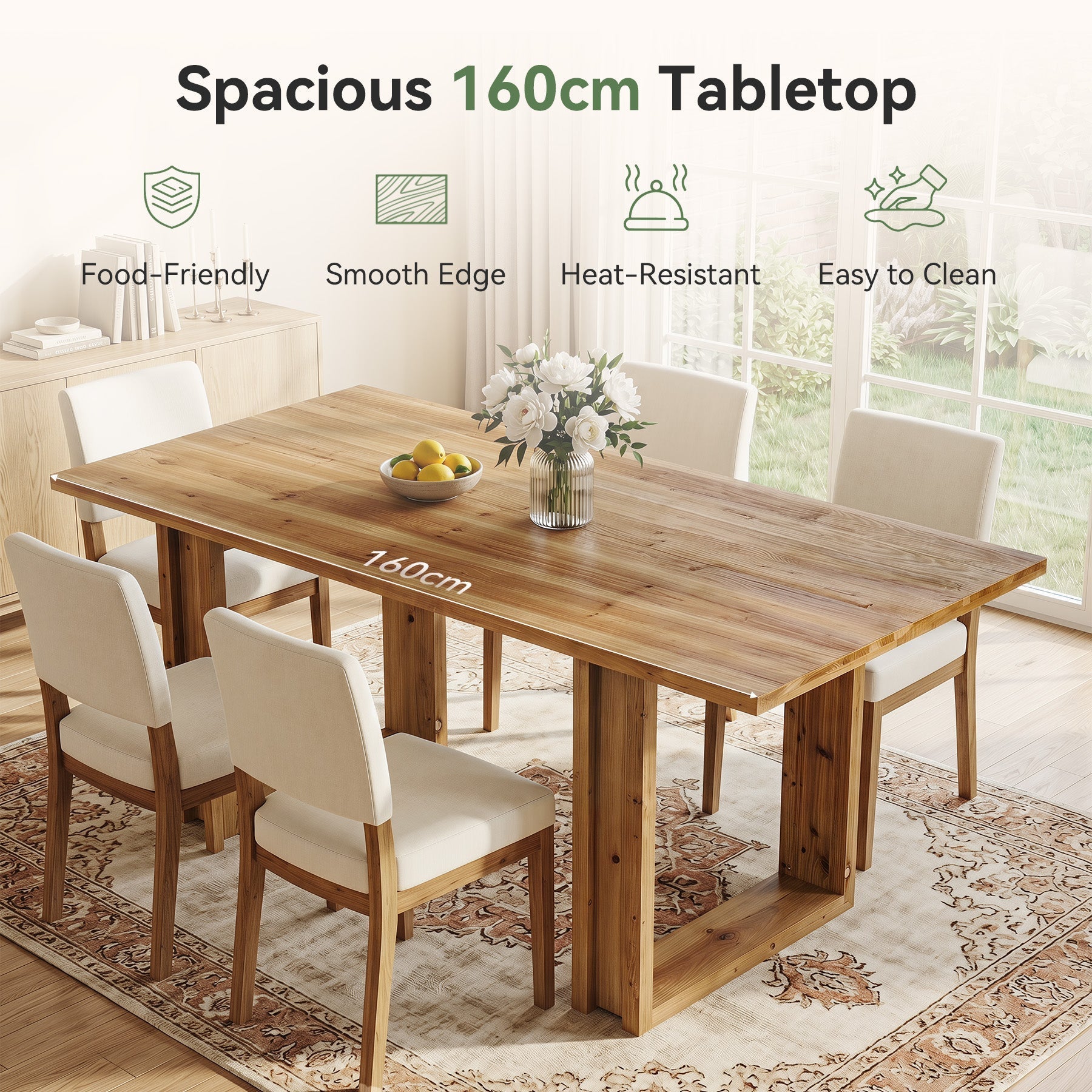 Table de salle à manger en bois massif de 160 cm pour 4 à 6 personnes, Table de cuisine rectangulaire de style champêtre