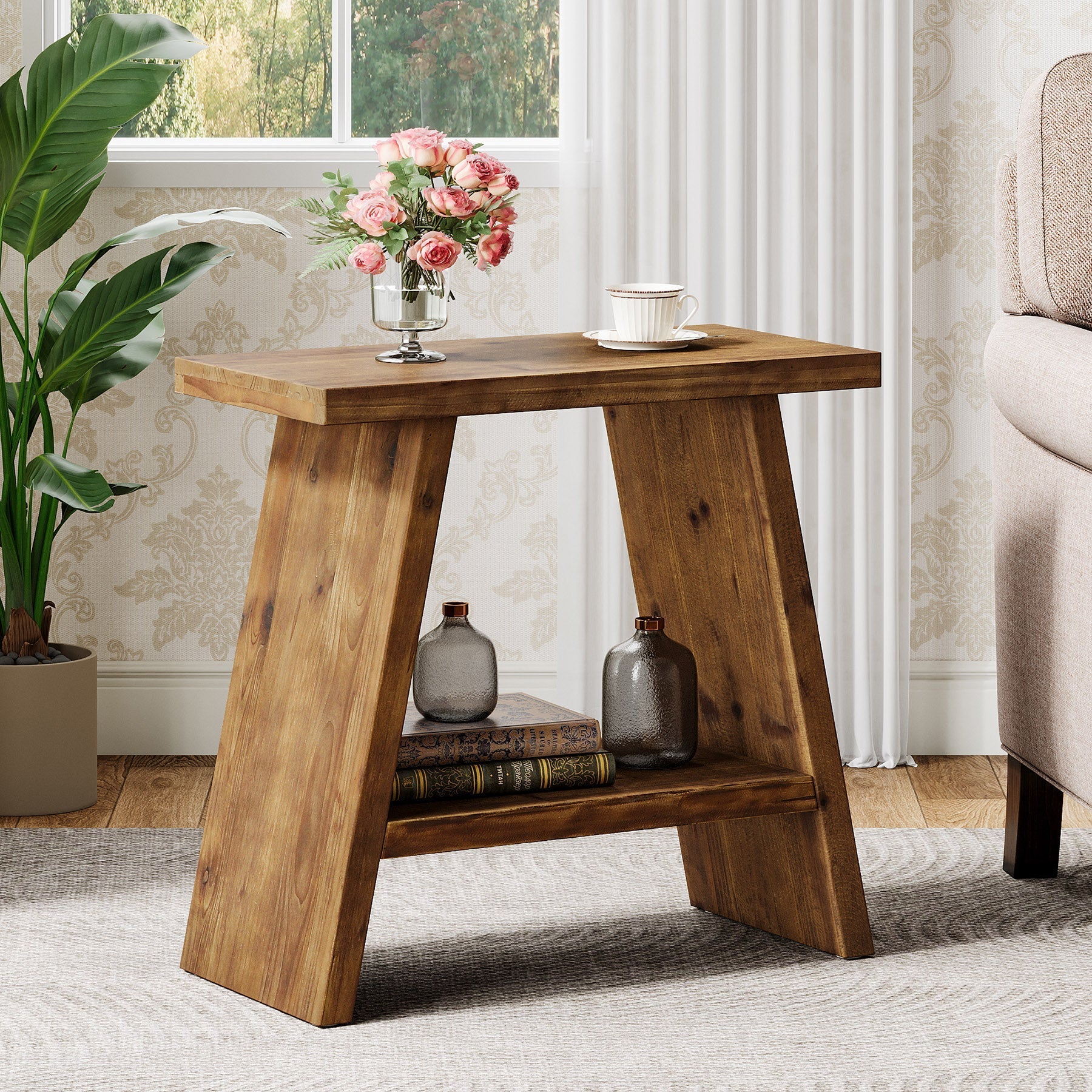 Table d'appoint étroite en bois massif (60 x 30 cm) avec rangement à 2 niveaux, Style rustique, idéale pour le salon et la chambre