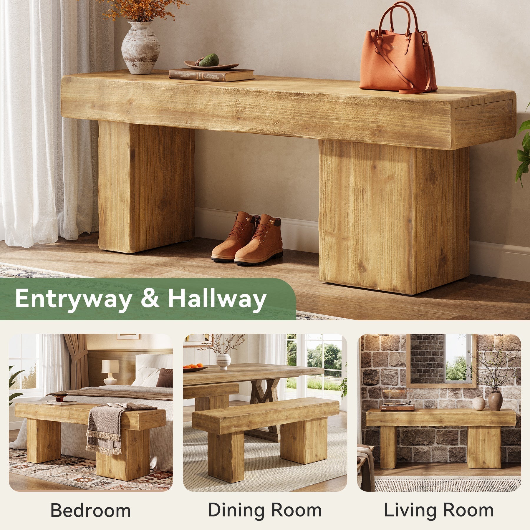 Massief houten halbank van 119 cm, Rustieke stijl met dikke zitting