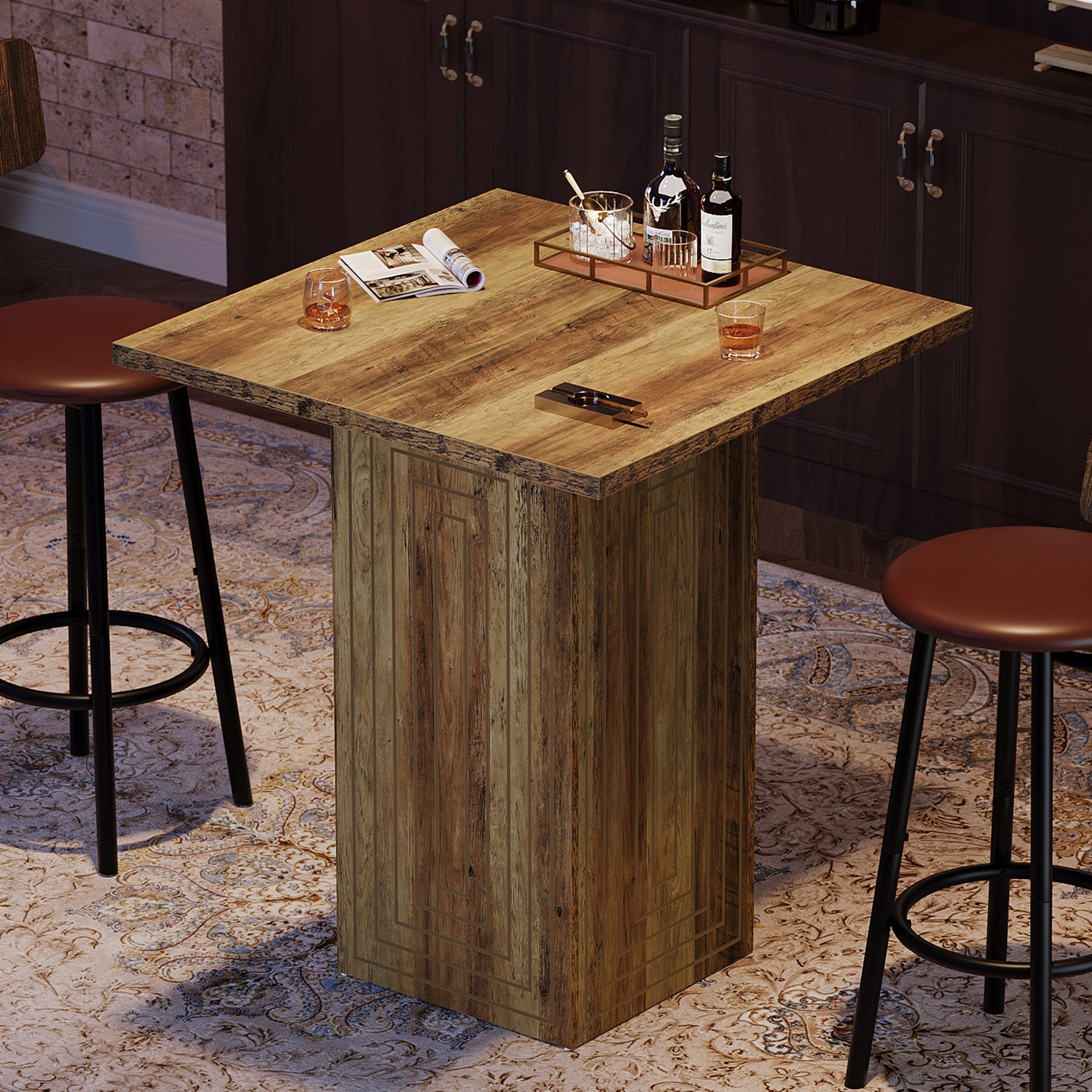 Tribesigns Table de bar carrée de style campagnard de 79 cm avec motif géométrique pour la cuisine et le salon