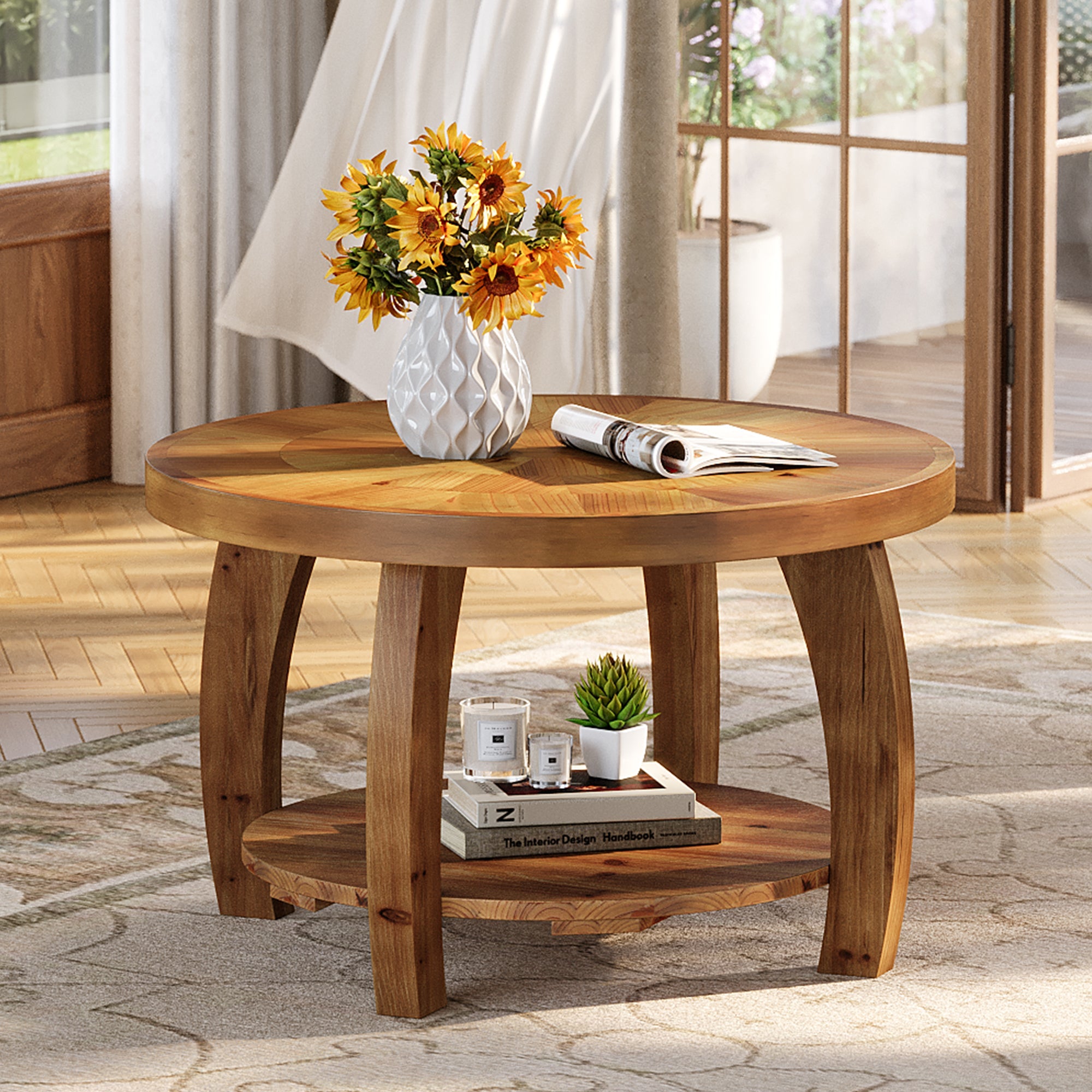 Tribesigns Table Basse Ronde en Bois Massif de 80 cm, Table à Deux Niveaux