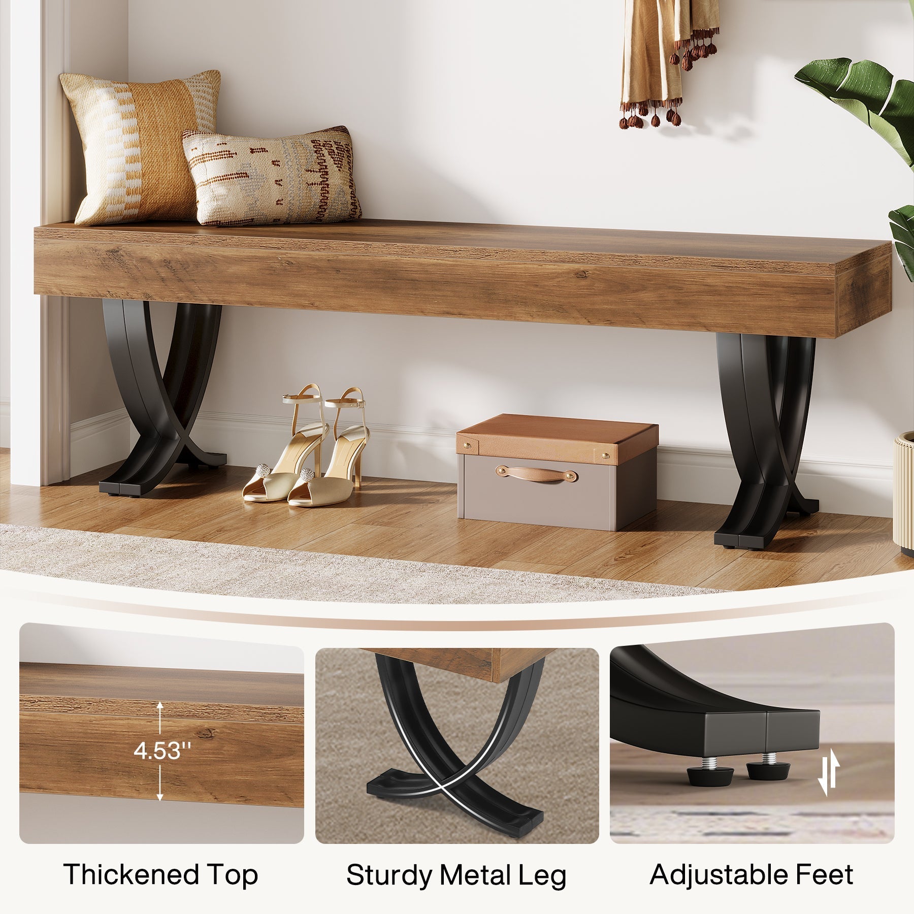 Tribesigns Banc à chaussures industriel de 140 cm avec pieds en X en métal, Long banc d'entrée pour chambre, salon et couloir