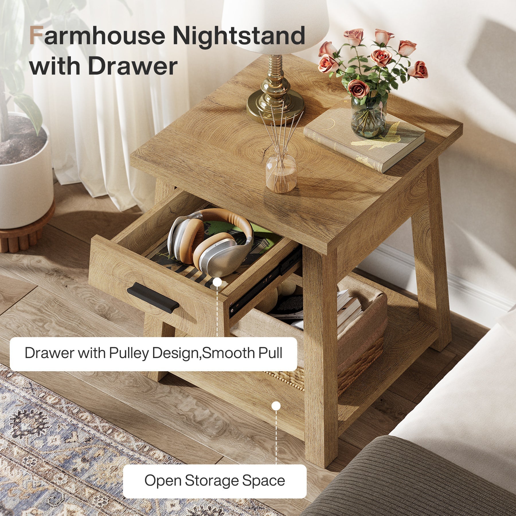 Tribesigns Table de Chevet avec Tiroir et Étagère, Table d’Appoint Style Campagne pour Chambre et Salon