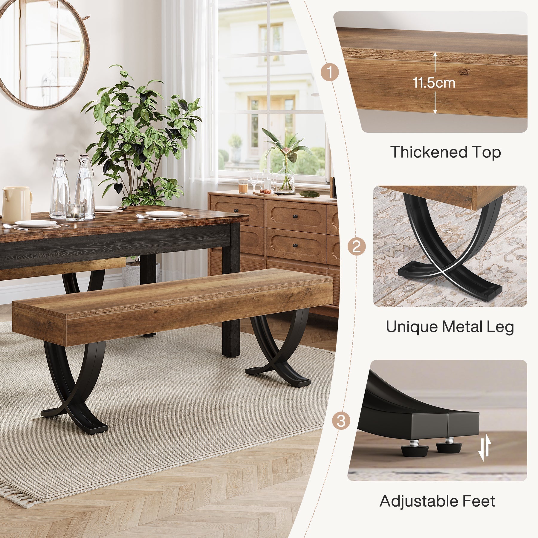 Tribesigns Banc de salle à manger rustique de 140 cm avec plateau imitation bois et pieds en X en métal, Long banc de cuisine pour salle à manger et couloir (banc uniquement)