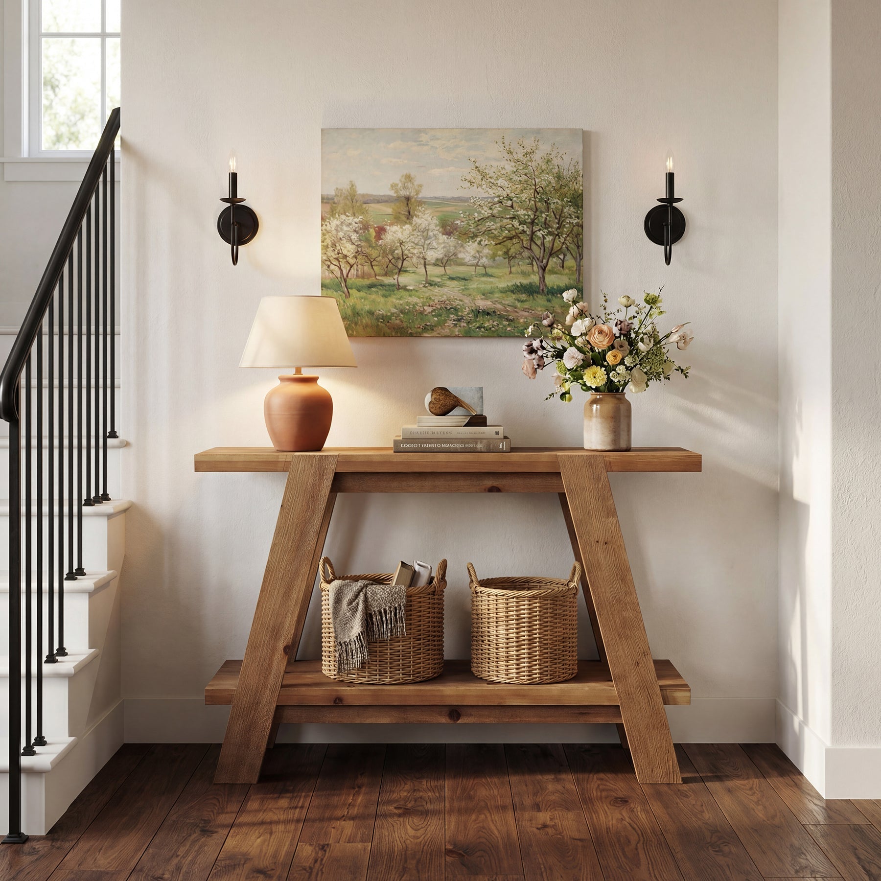 Tribesigns Console étroite en bois massif de 110 cm de long, Style campagnard Table basse avec 2 étagères