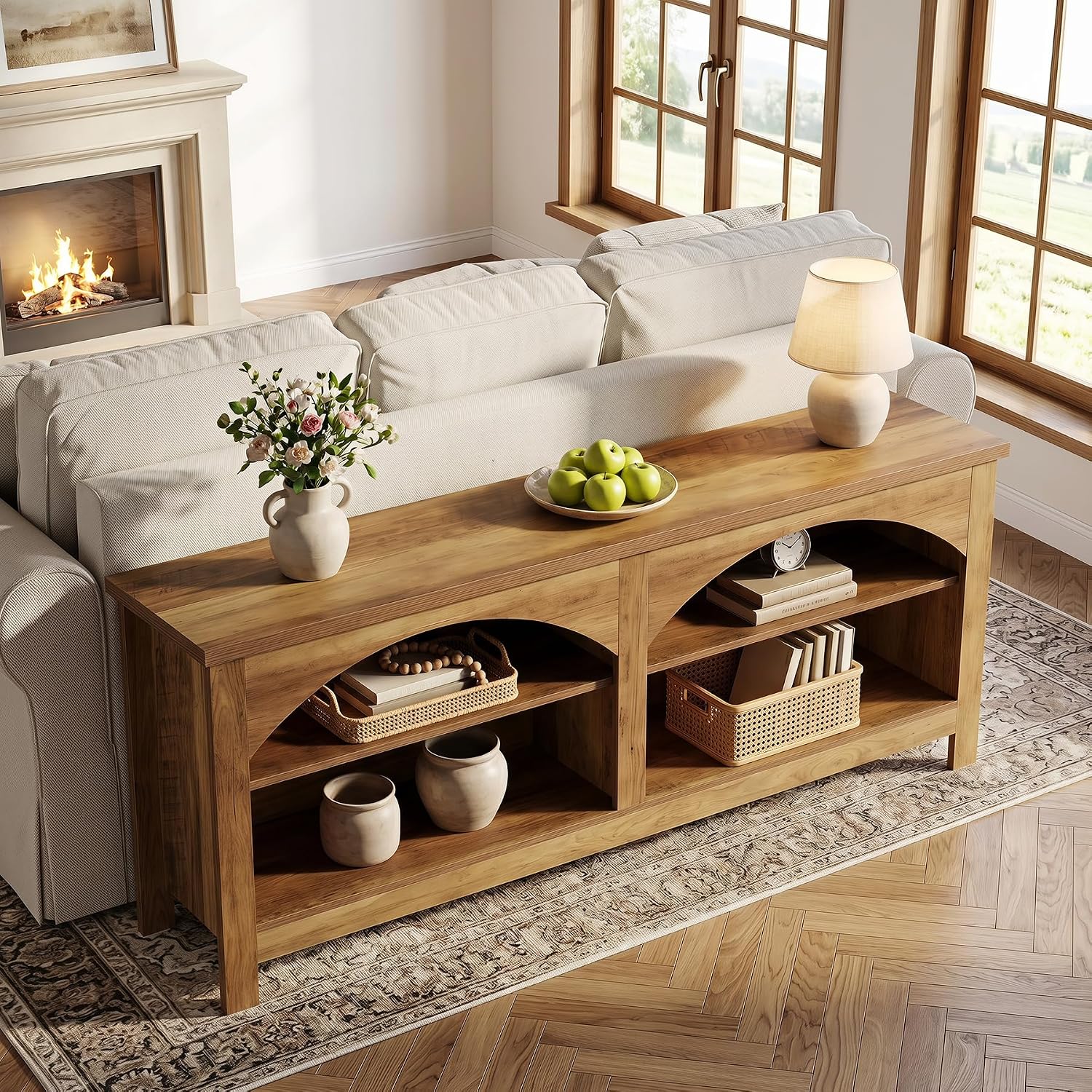 Meuble TV de 160 cm, Système de divertissement de style campagnard avec étagère à 2 niveaux