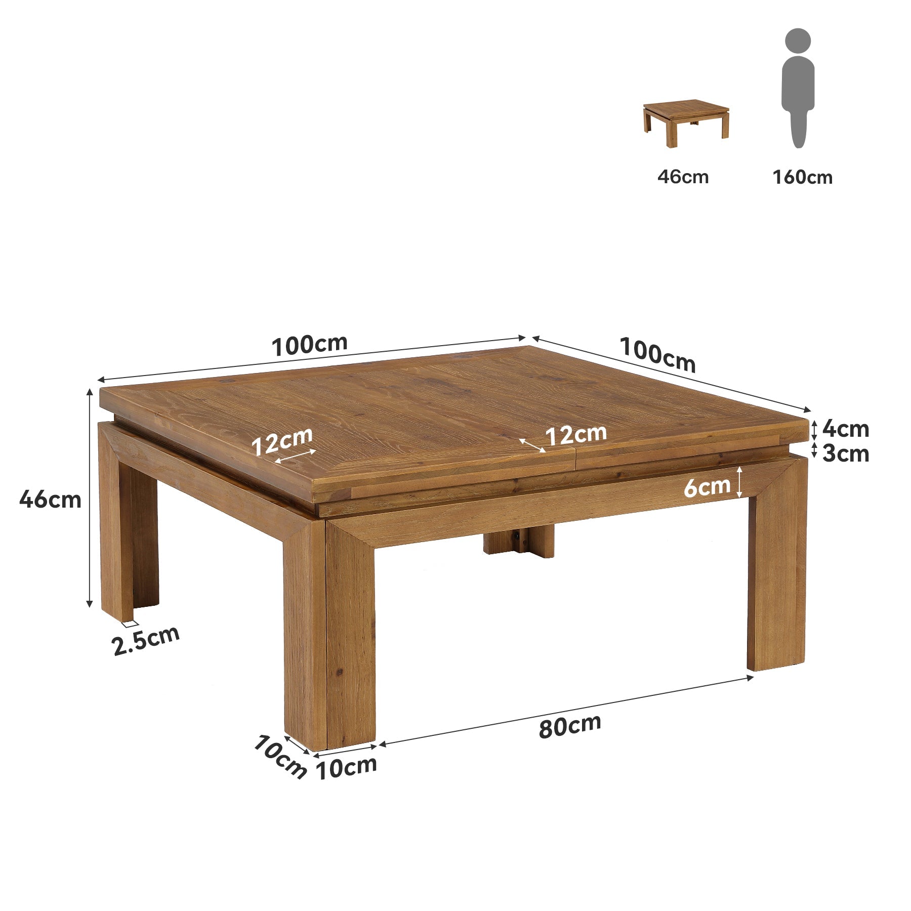 Tribesigns Table basse carrée en bois massif 100 x 100 x 46 cm avec bord en retrait, Style rustique, idéale pour le salon
