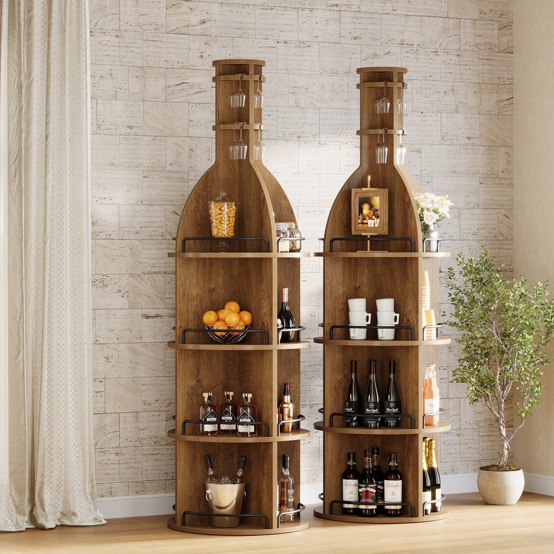 Casier à vin de 190 cm de haut avec étagères de rangement, Meuble à vin rond de style industriel avec porte-verres