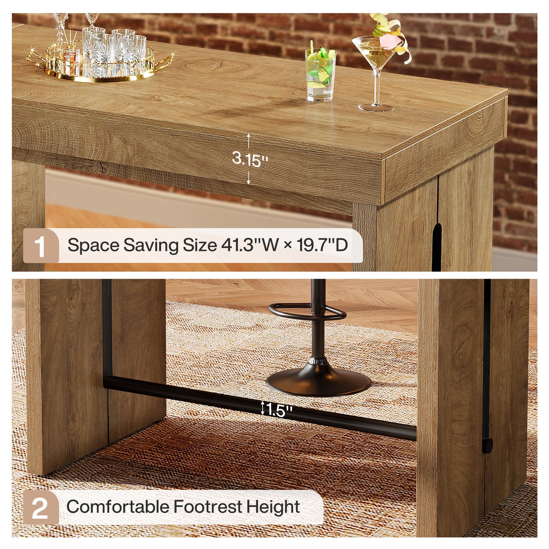 Table de bar 105 cm, Table haute avec repose-pieds, îlot de cuisine et table bistro de style champêtre