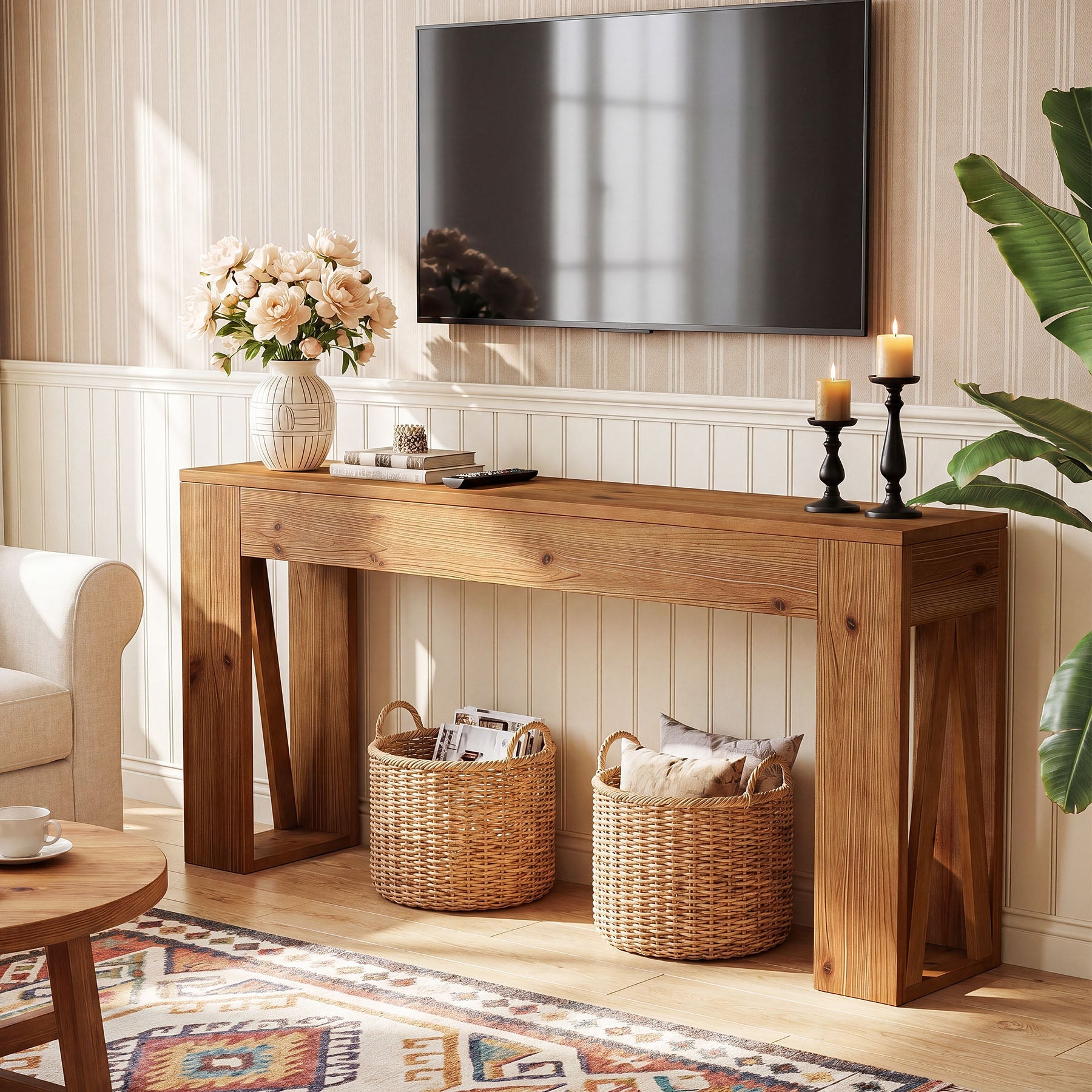 Tribesigns Console en Bois Massif de 160 cm, Table d’Entrée Étroite Style Rustique