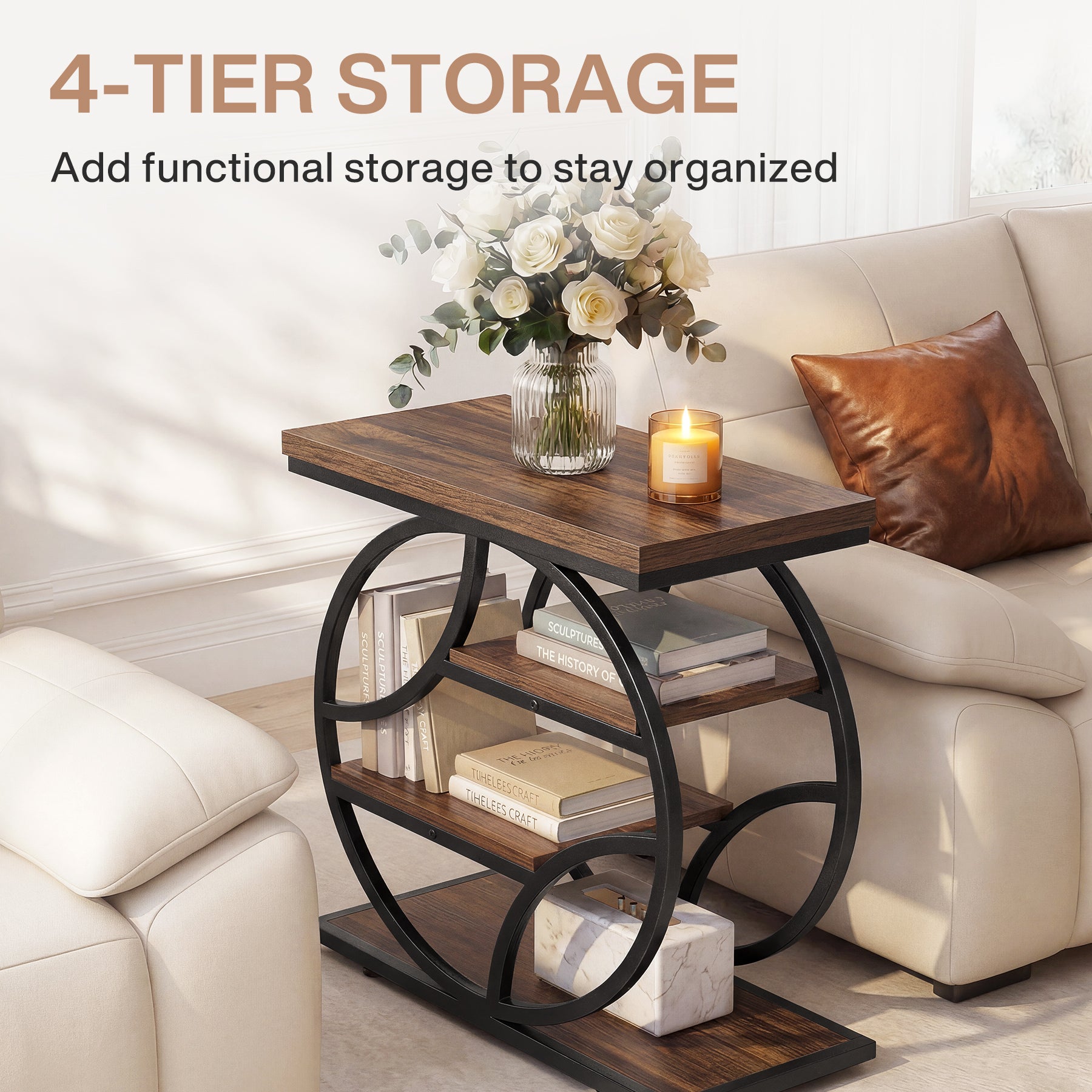 Tribesigns Table d’appoint de 65 cm, étagère industrielle à 4 niveaux avec structure métallique géométrique